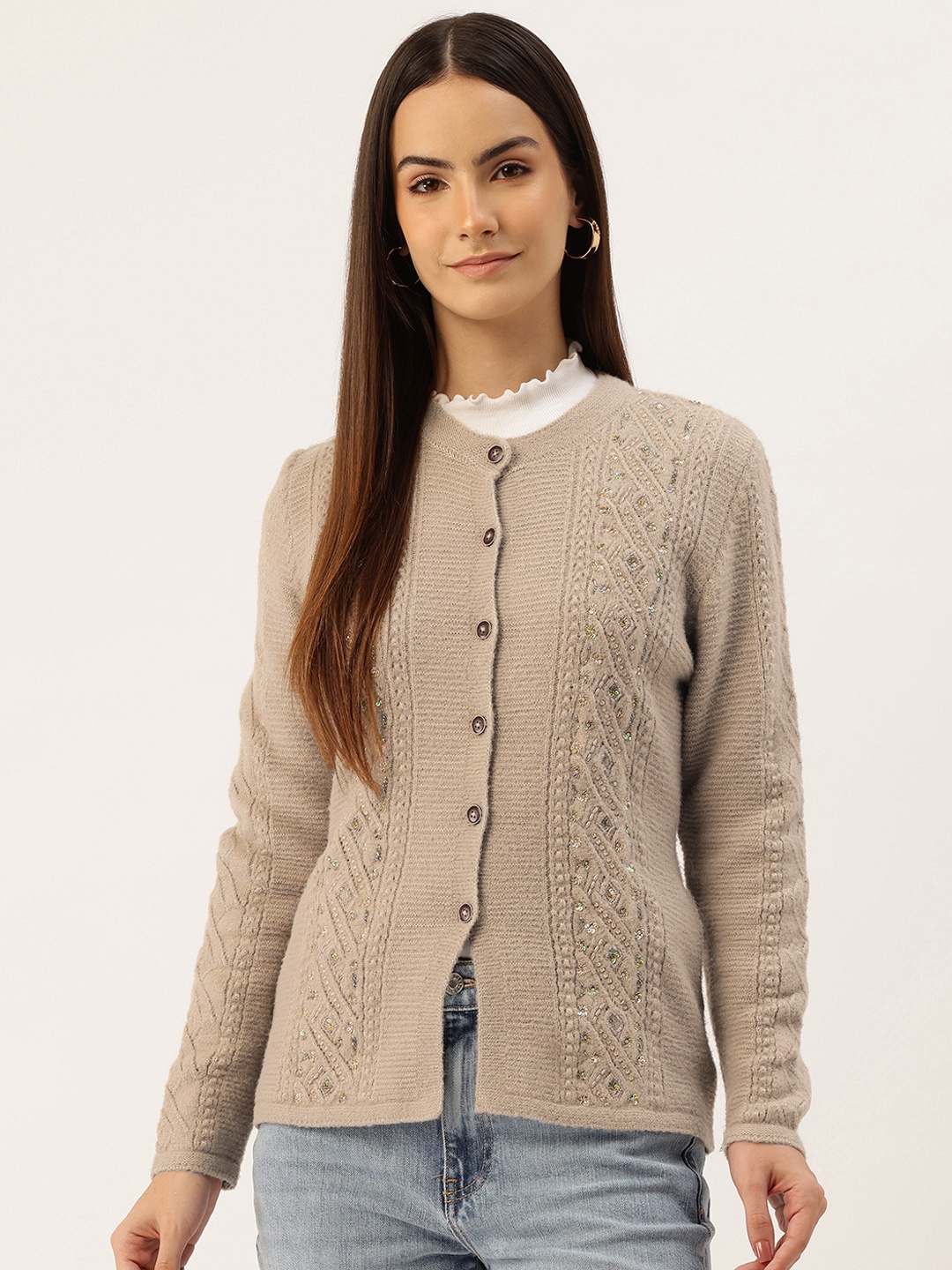 

APSLEY Cable Knit Cardigan with Embellished Detail, Camel brown