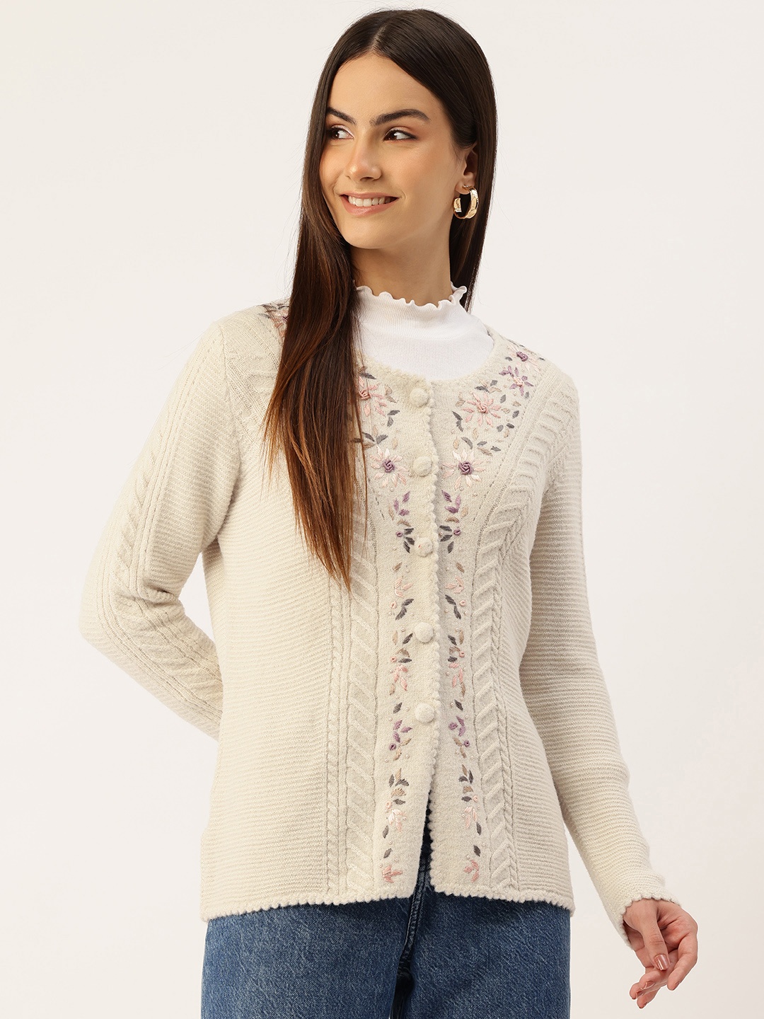

APSLEY Cable Knit Cardigan with Embroidered Detail, Beige