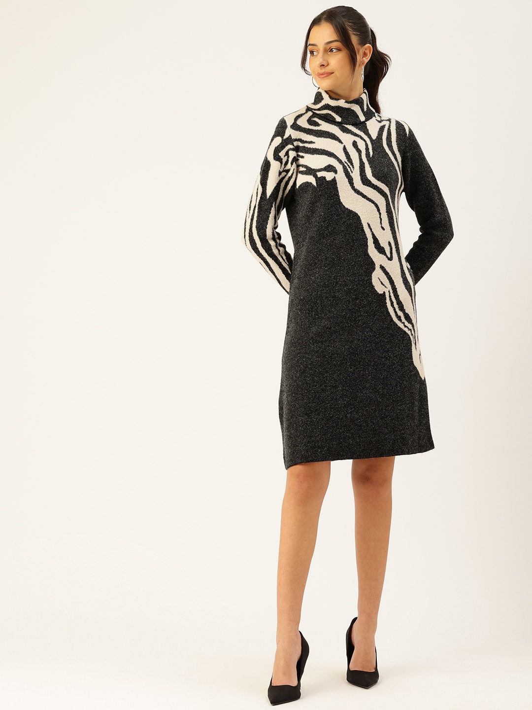 

APSLEY Self Design A-Line Sweater Dress, Black