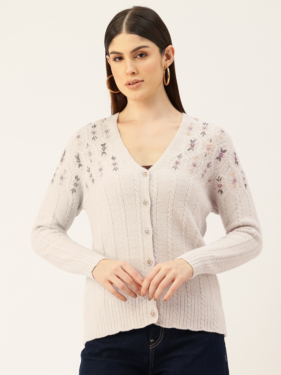 

APSLEY Cable Knit Cardigan with Embellished Detail, Beige