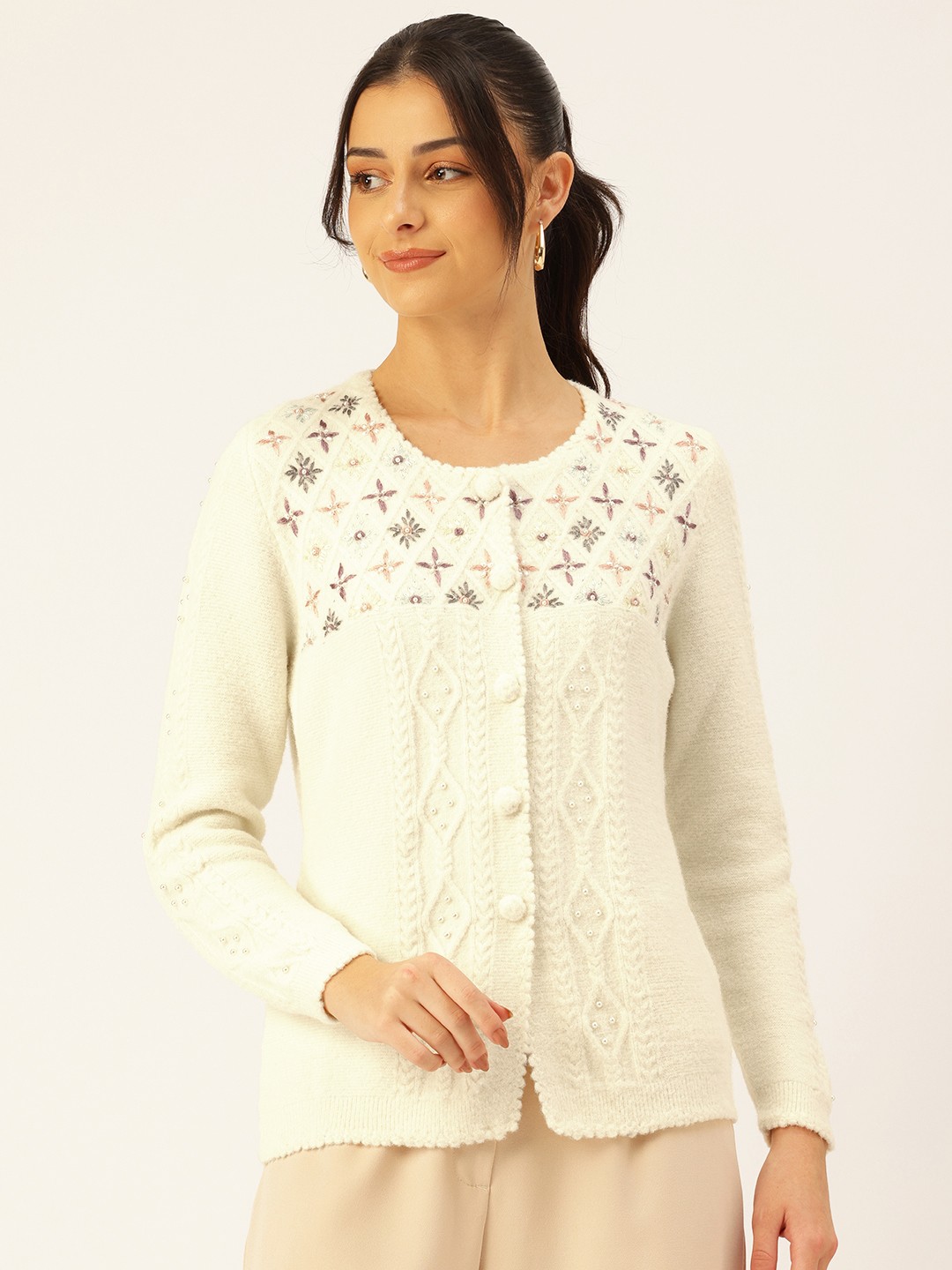 

APSLEY Cable Knit Cardigan with Embellished Detail, Off white