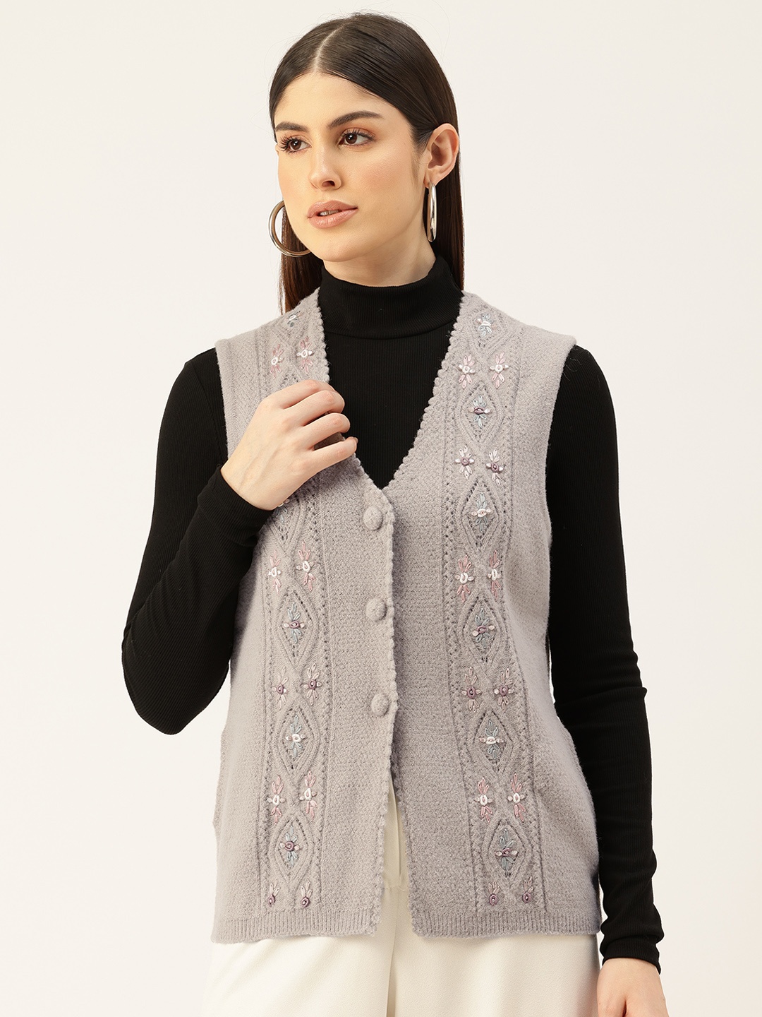 

APSLEY Cable Knit Sweater Vest with Embellished Detail, Grey