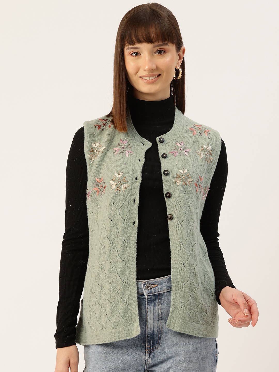 

APSLEY Floral Sweater Vest with Embellished Detail, Green