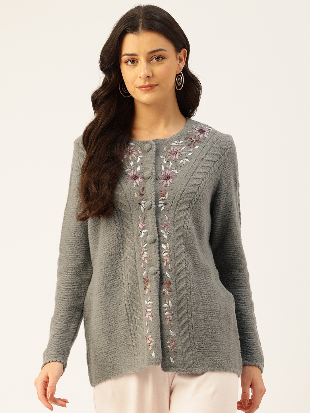 

APSLEY Cable Knit Cardigan with Embellished Detail, Grey