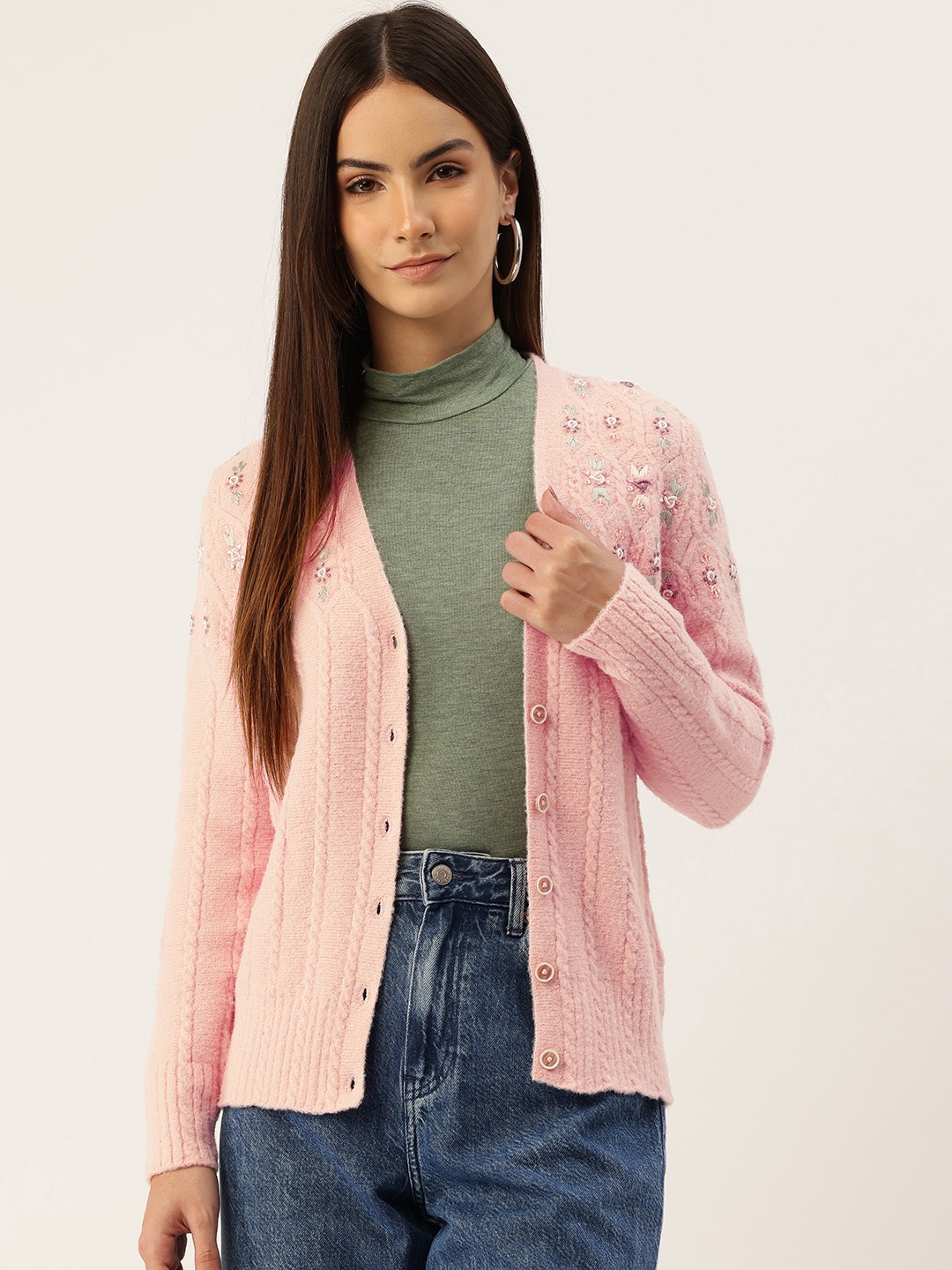 

APSLEY Cable Knit Cardigan with Embellished Detail, Pink
