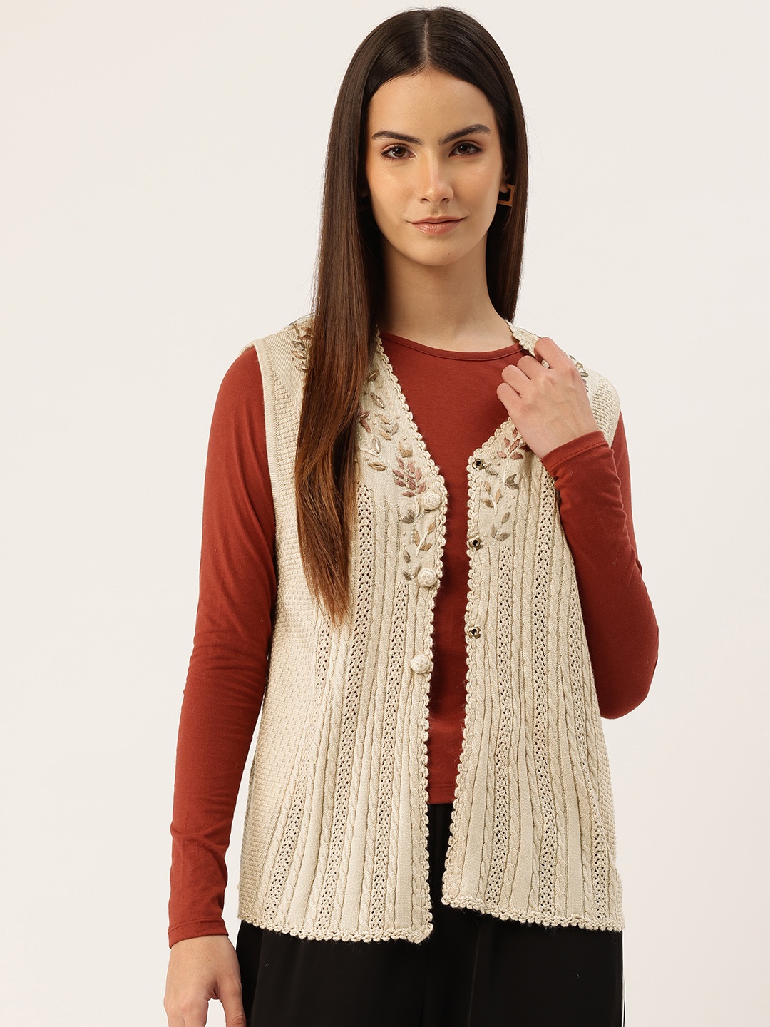 

APSLEY Cable Knit Sweater Vest with Embellished Detail, Beige