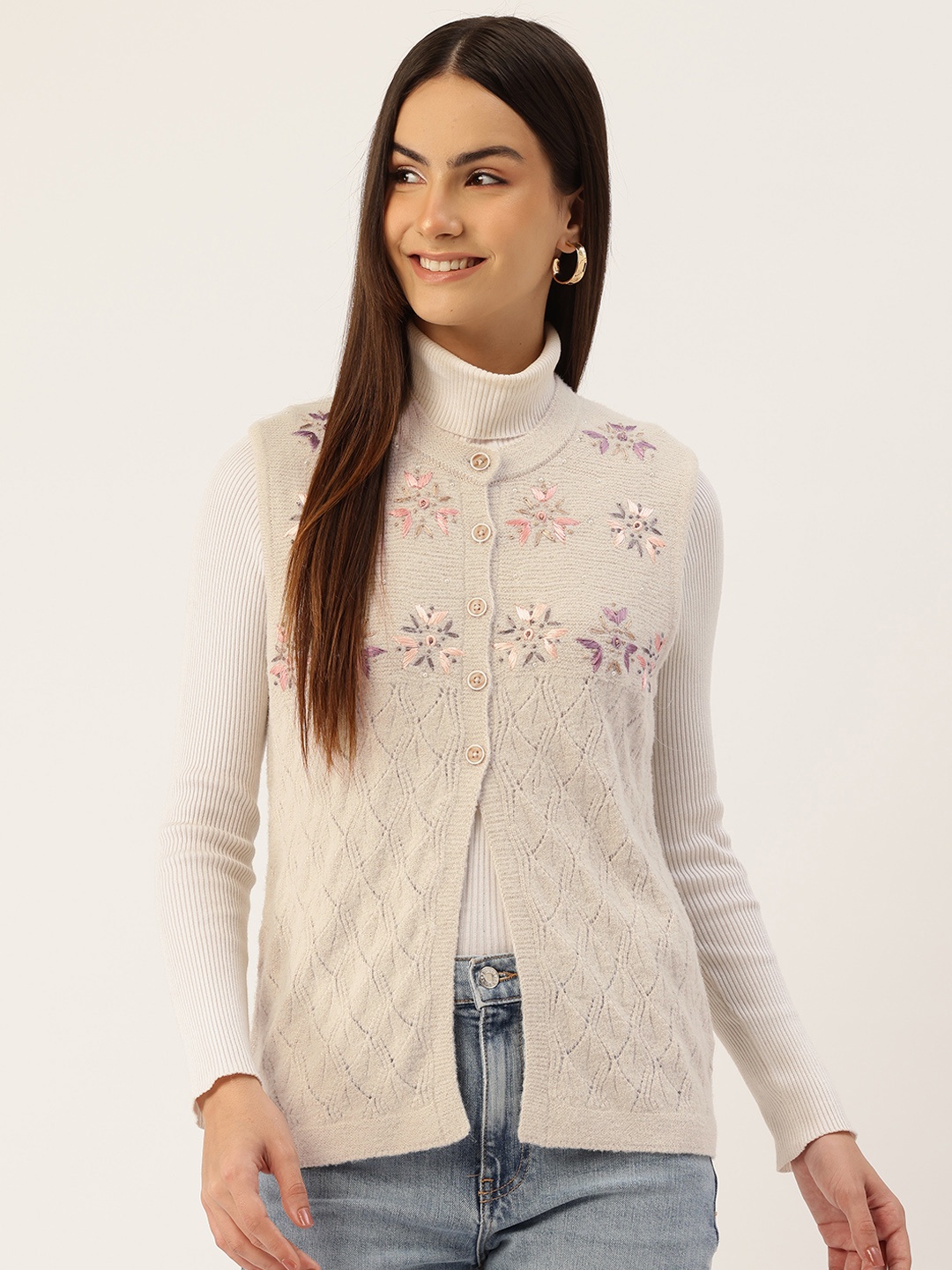 

APSLEY Floral Sweater Vest with Embroidered Detail, Beige