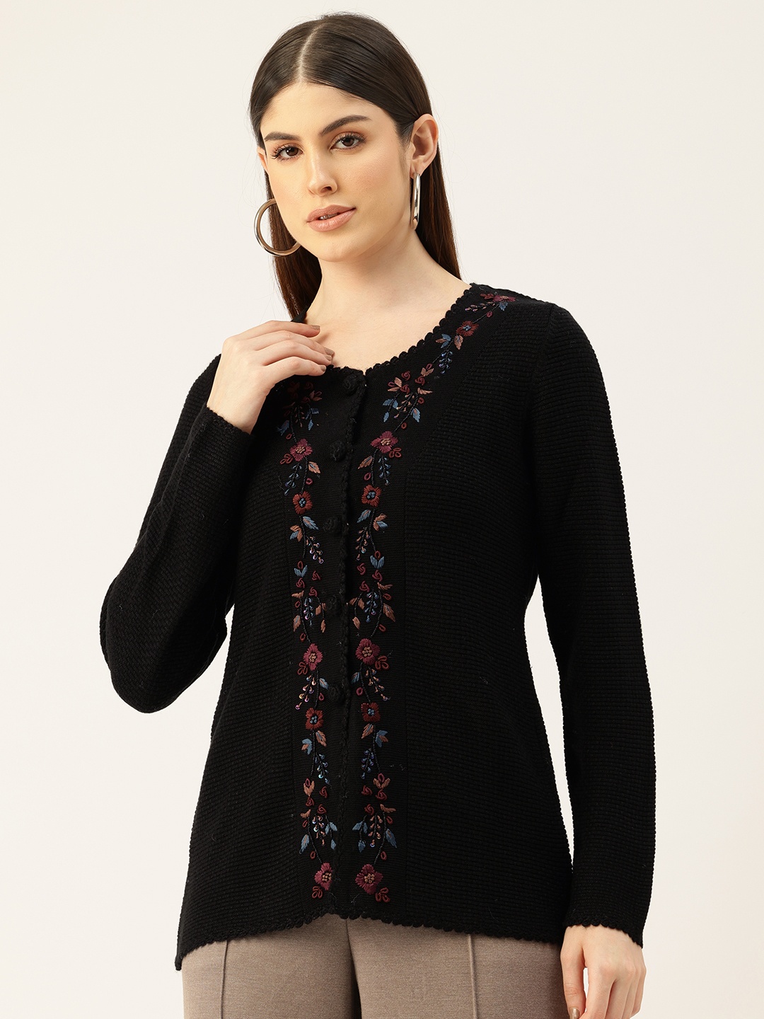 

APSLEY Women Floral Cardigan with Embroidered Detail, Black