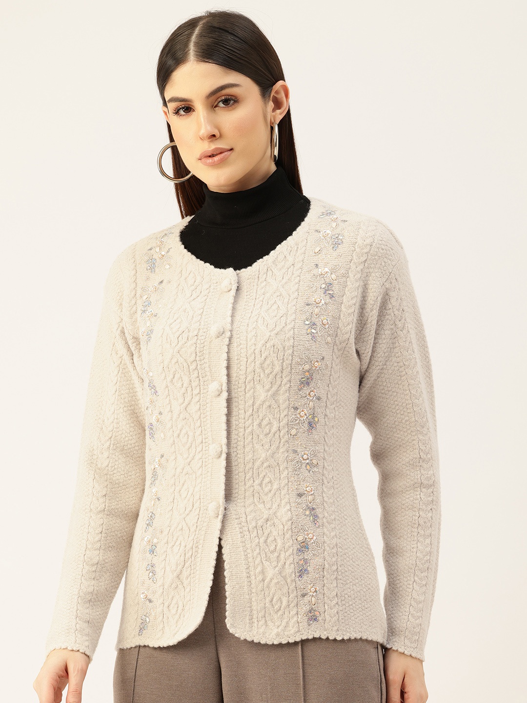 

APSLEY Cable Knit Cardigan with Embellished Detail, Beige