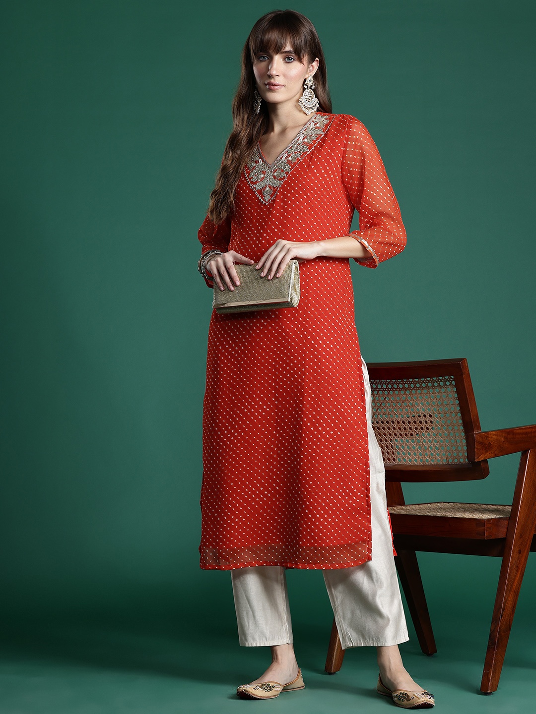 

Indo Era Leheriya Printed Gotta Patti Georgette Kurta, Orange