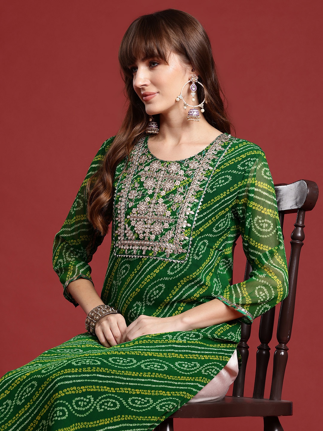 

Indo Era Bandhani Printed Gotta Patti Georgette Kurta, Green