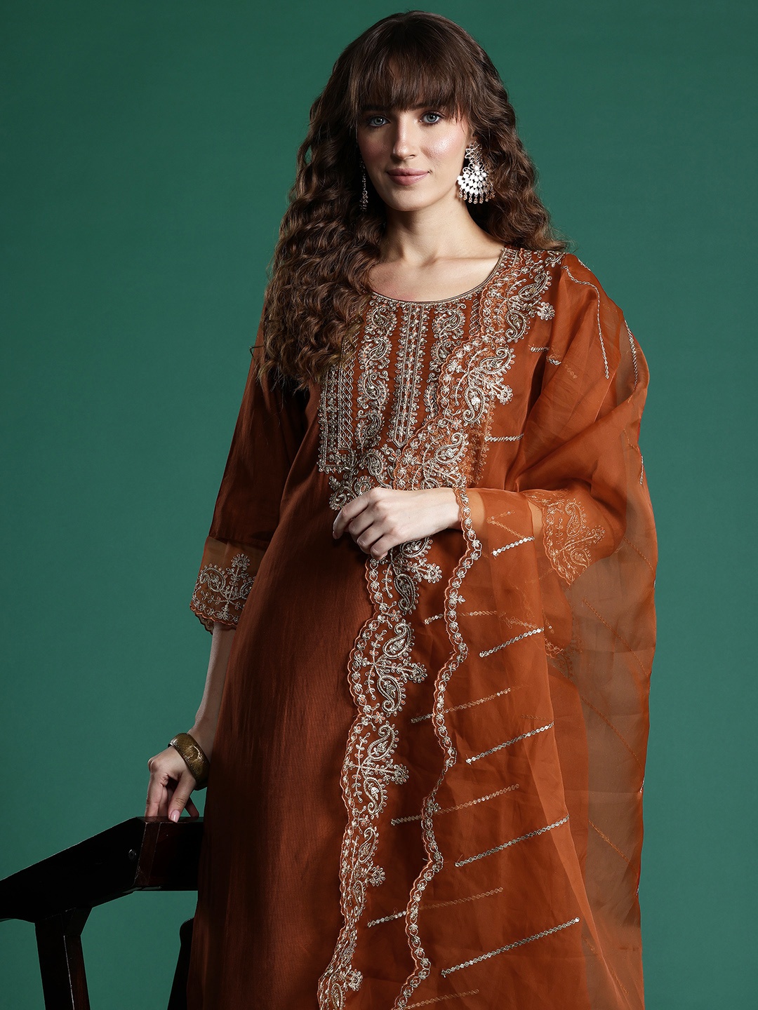 

Indo Era Ethnic Motifs Embroidered Sequinned Liva Kurta With Trousers & Dupatta, Rust