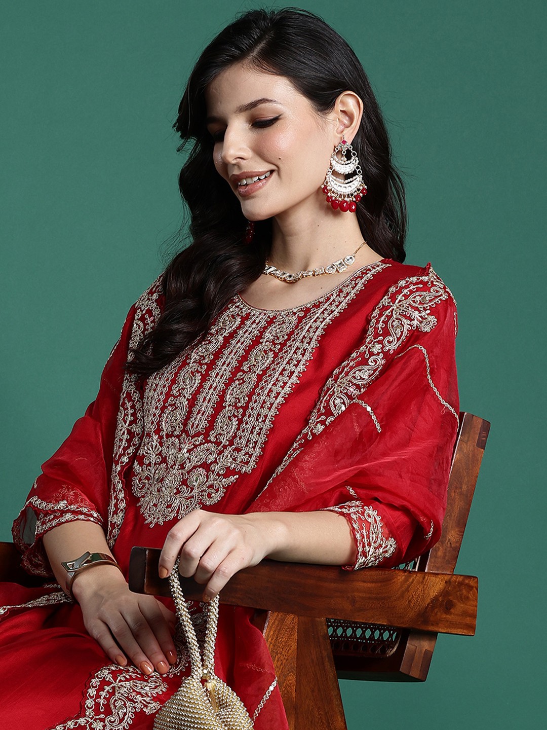 

Indo Era Ethnic Motifs Embroidered Sequinned Liva Kurta With Trousers & Dupatta, Red