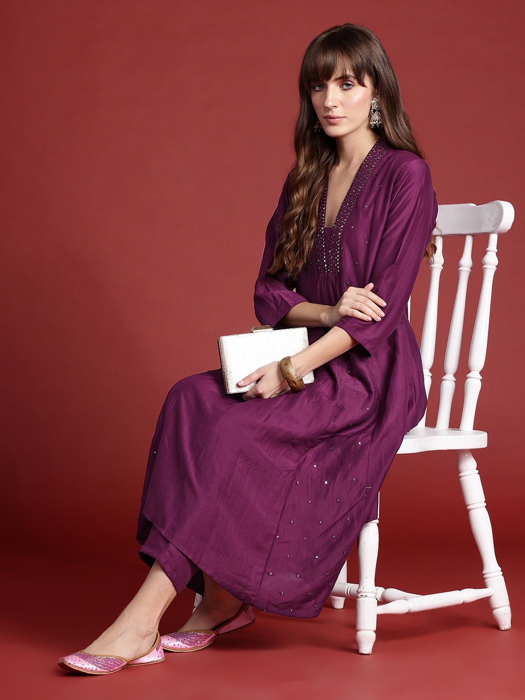 

Indo Era Embroidered Panelled Sequinned Kurta with Trousers, Burgundy