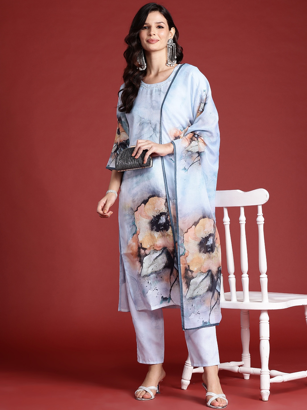 

Indo Era Floral Printed Beads & Stones Chanderi Silk Kurta With Trousers & Dupatta, Blue