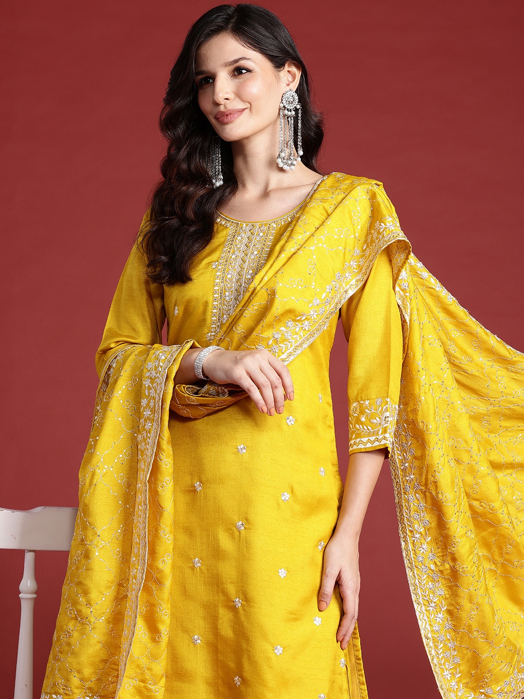 

Indo Era Floral Embroidered Sequinned Kurta With Trousers & Dupatta, Yellow