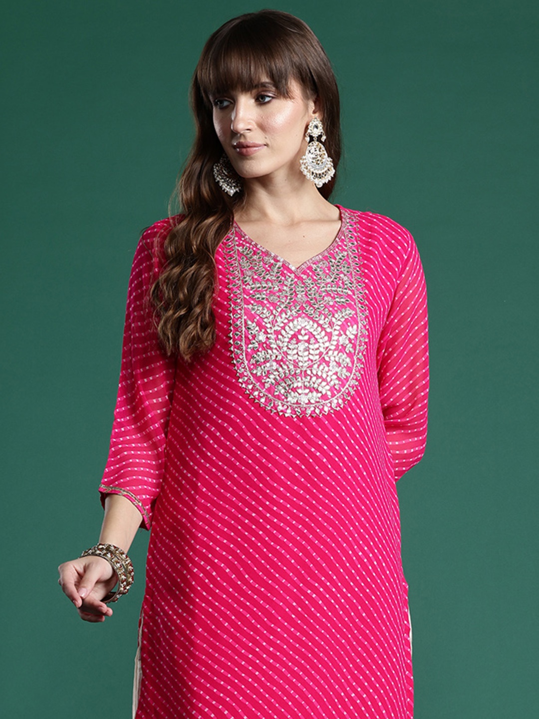 

Indo Era Leheriya Embroidered Gotta Patti Georgette Kurta, Pink