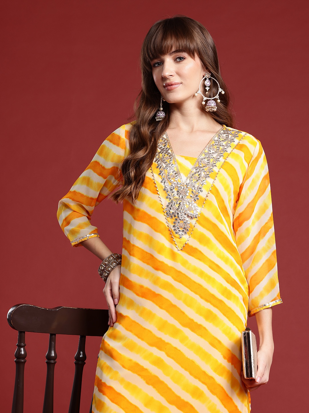 

Indo Era Leheriya Printed Gotta Patti Georgette Kurta, Yellow