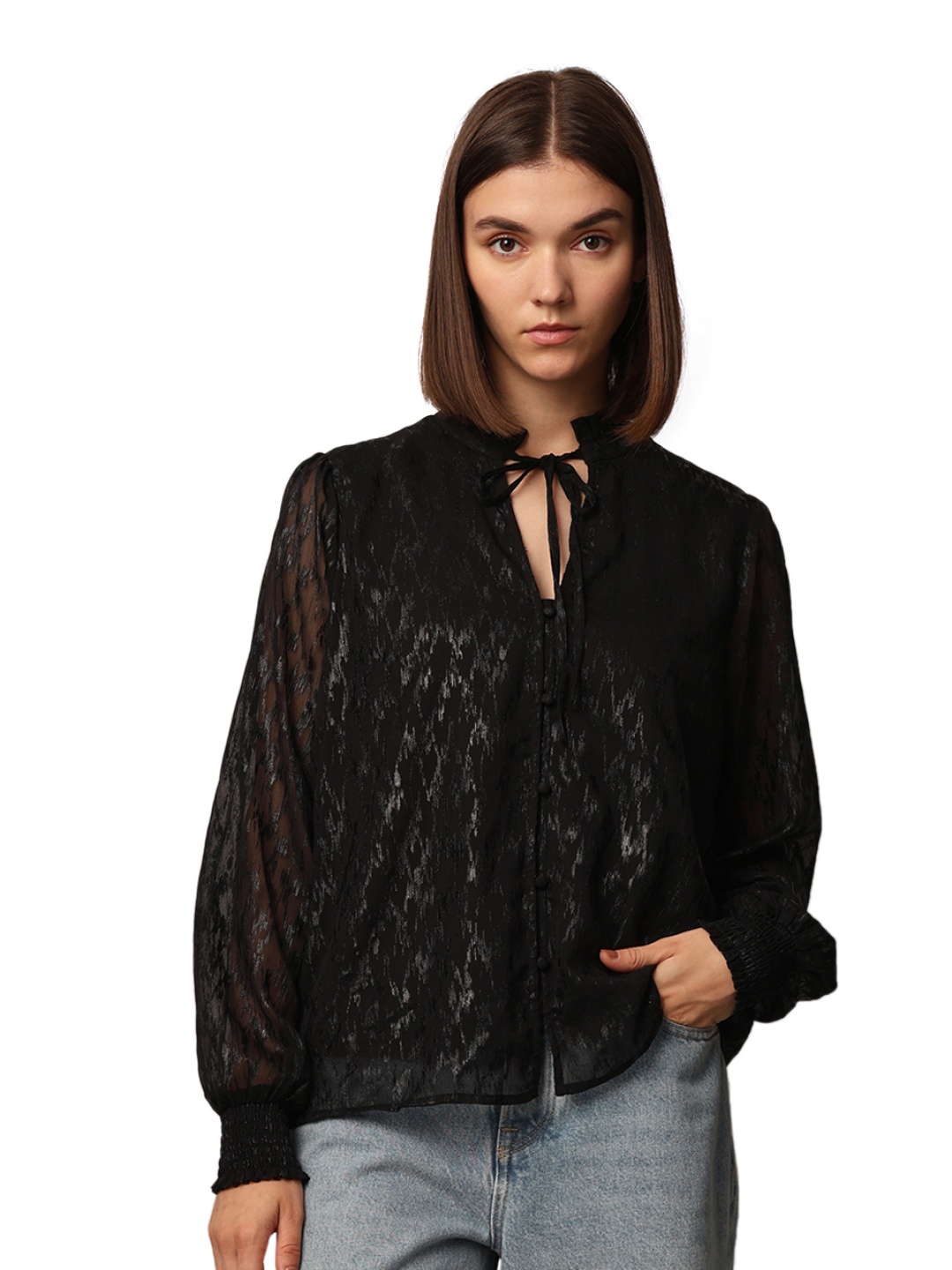 

ONLY Women Shimmer Self Design Tie-Up Neck Top, Black