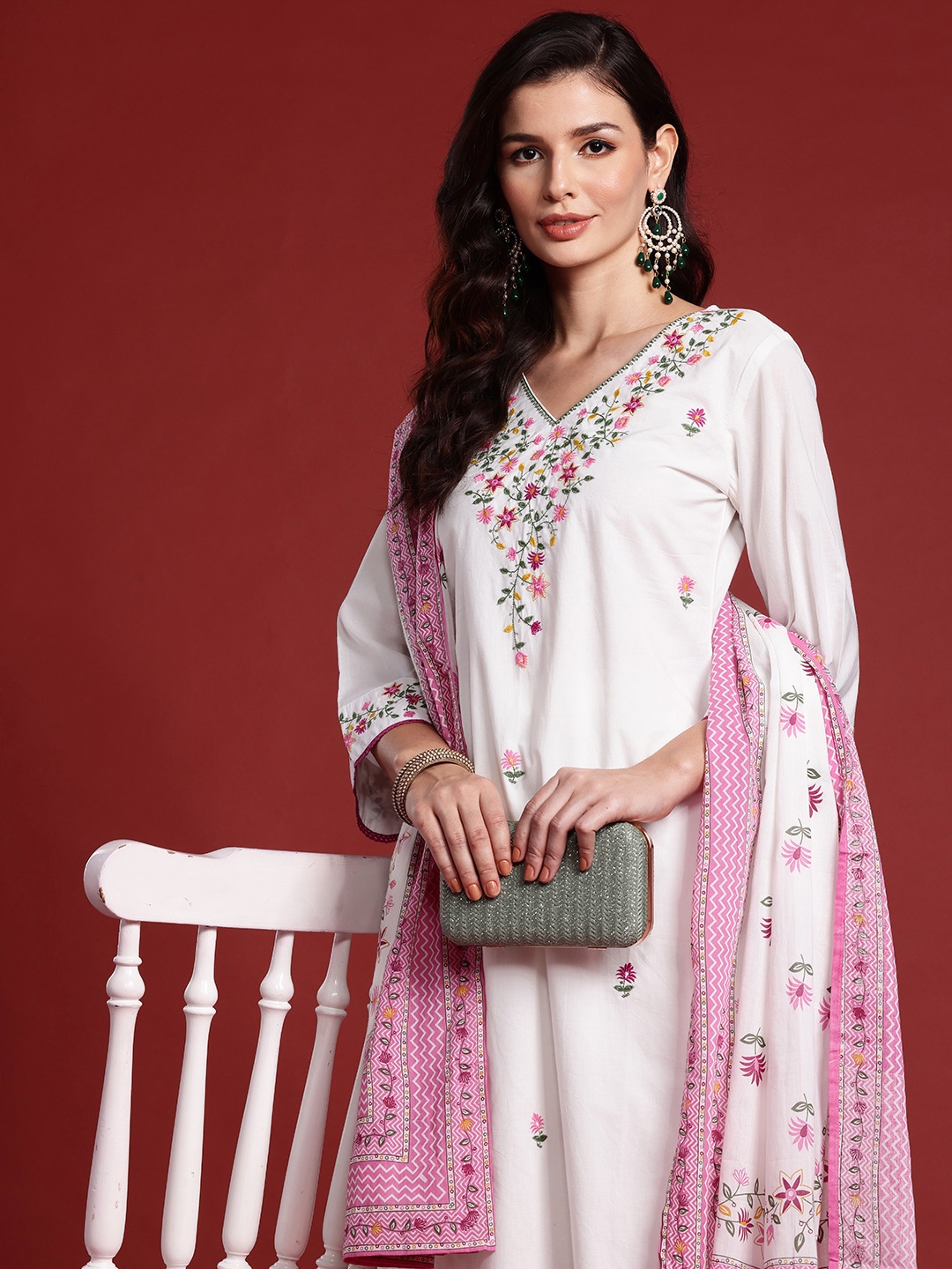 

Indo Era Floral Embroidered Sequinned Pure Cotton Kurta With Trousers & Dupatta, White