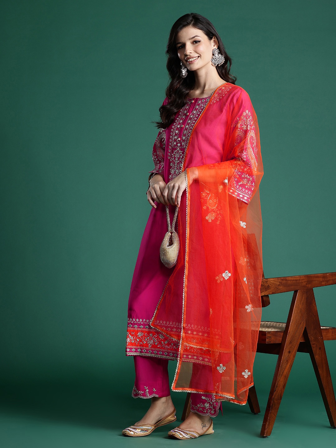 

Indo Era Ethnic Motifs Zari Embroidered Kurta With Trousers & Dupatta, Pink