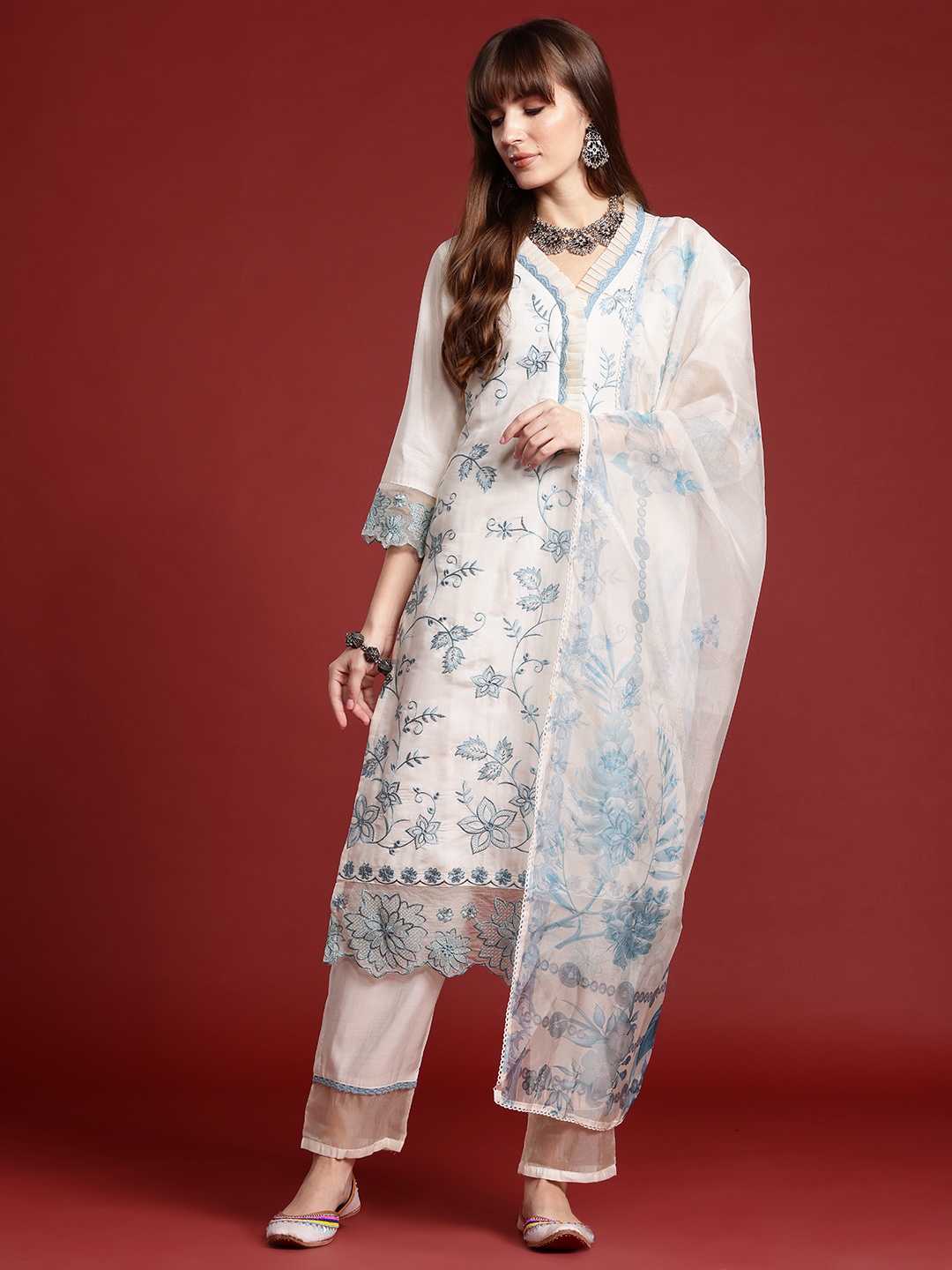 

Indo Era Floral Embroidered Lace Detailed Layered Kurta & Trousers With Dupatta, Off white