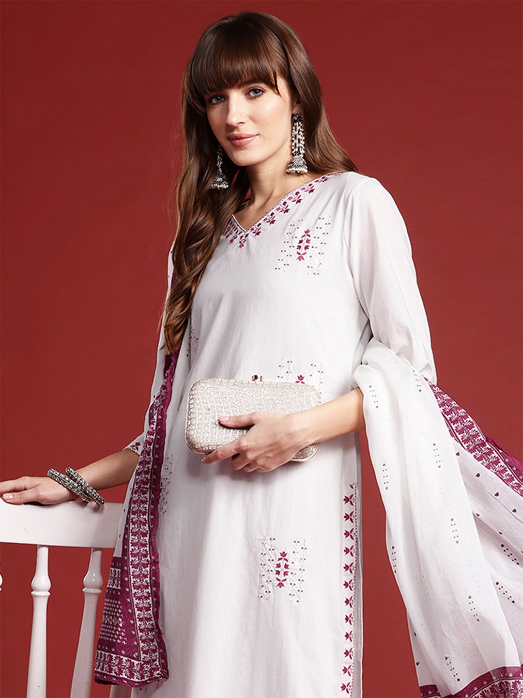 

Indo Era Ethnic Motifs Embroidered Thread Work Kurta with Trousers & Dupatta, White