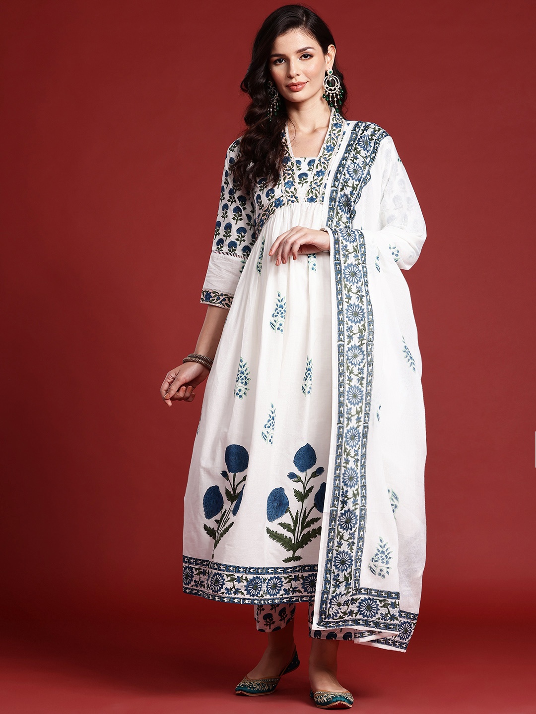 

Indo Era Floral Printed Empire Mirror Work Pure Cotton Kurta With Trousers & Dupatta, White