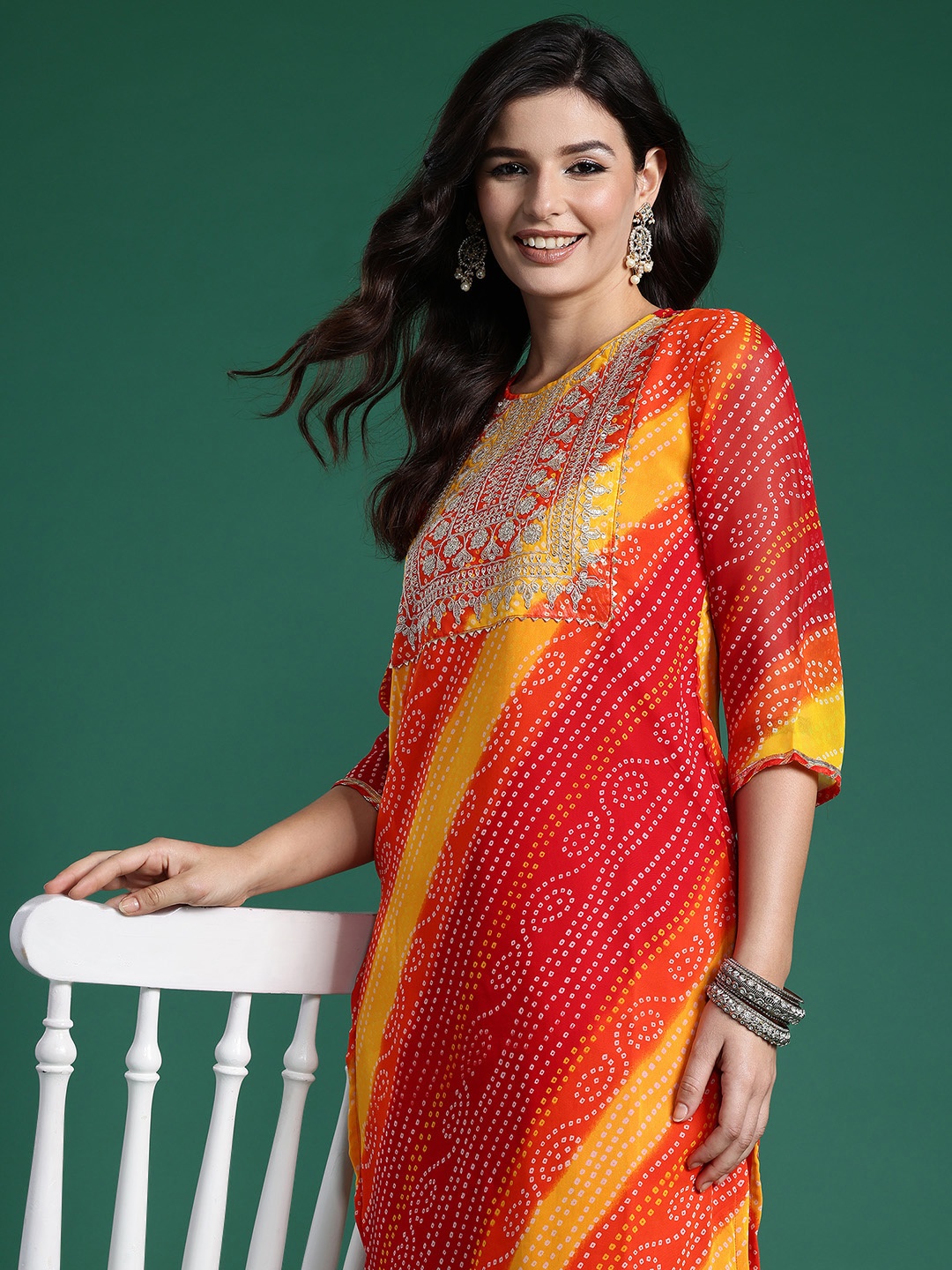 

Indo Era Bandhani Printed Zari Georgette Kurta, Red