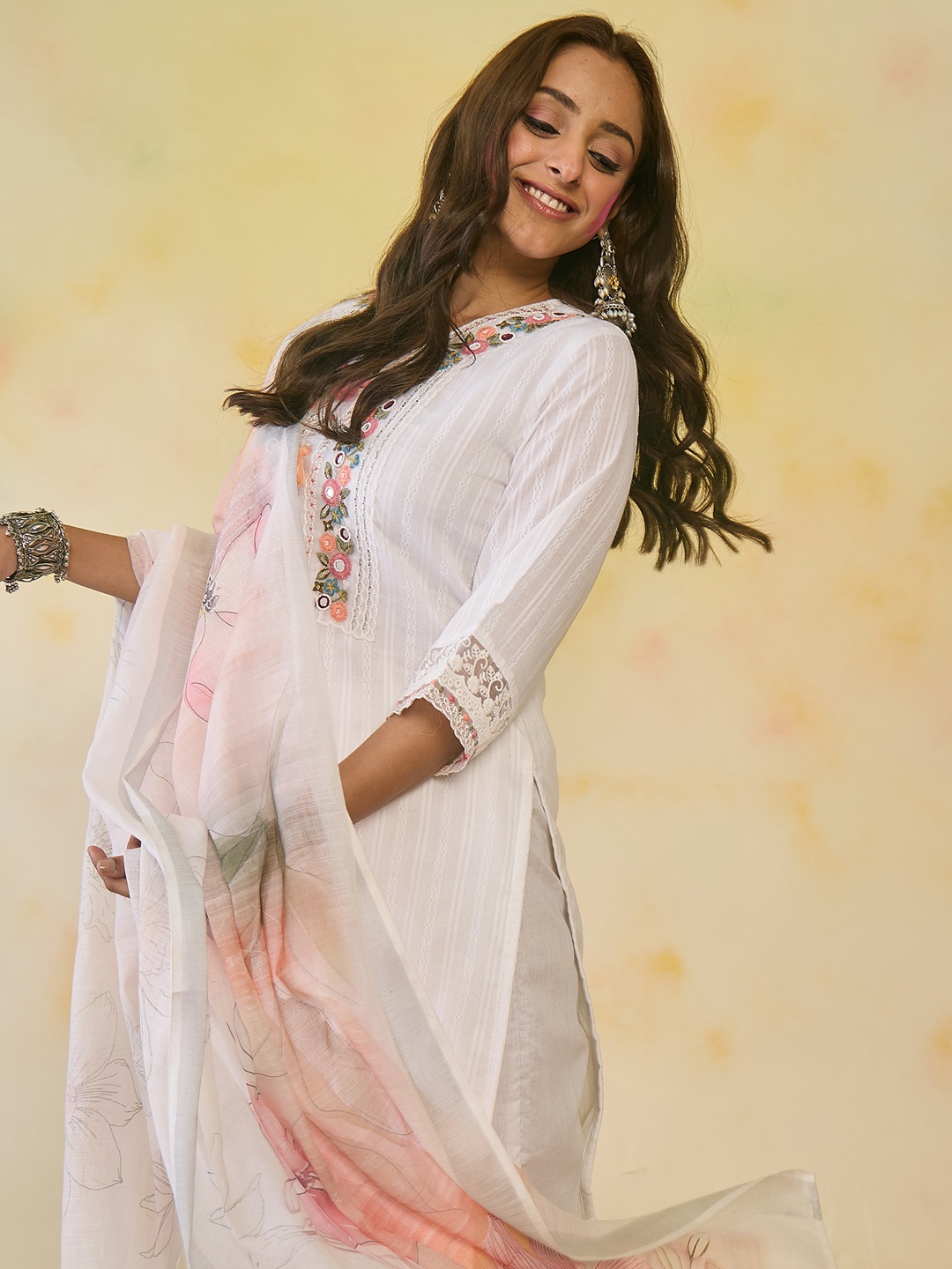 

Indo Era Floral Embroidered & Embellished Pure Cotton Kurta with Trousers & Dupatta, Off white