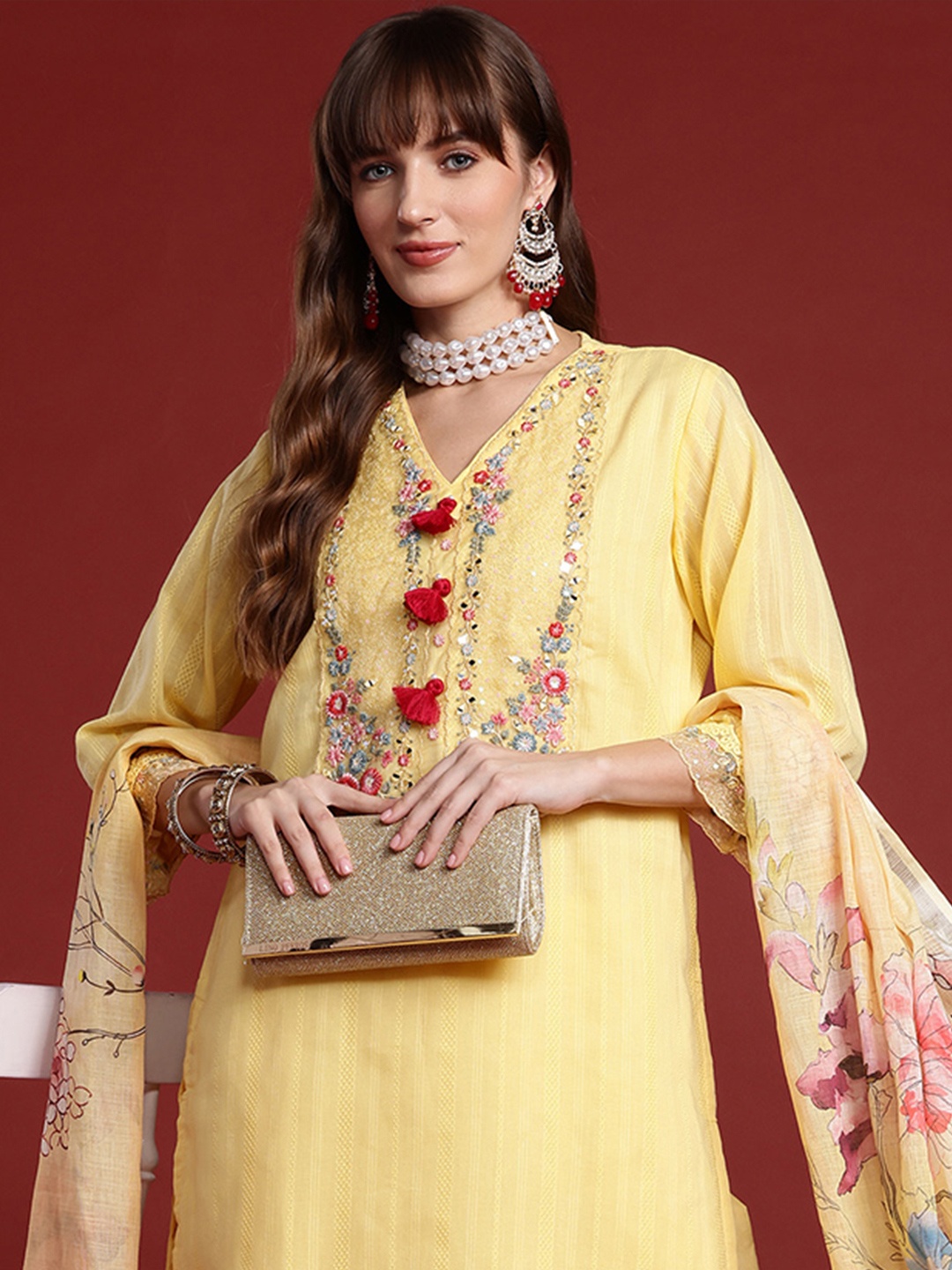 

Indo Era Women Embroidered Regular Thread Work Pure Cotton Kurta with Trousers & With Dupatta, Yellow