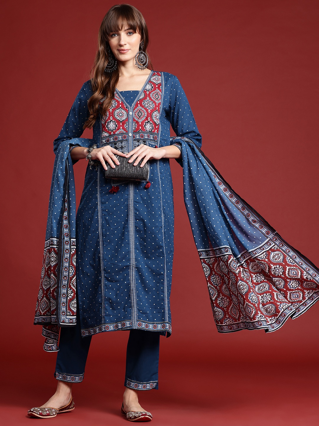 

Indo Era Ethnic Motifs Printed Thread Work Kurta with Trousers & Dupatta, Navy blue