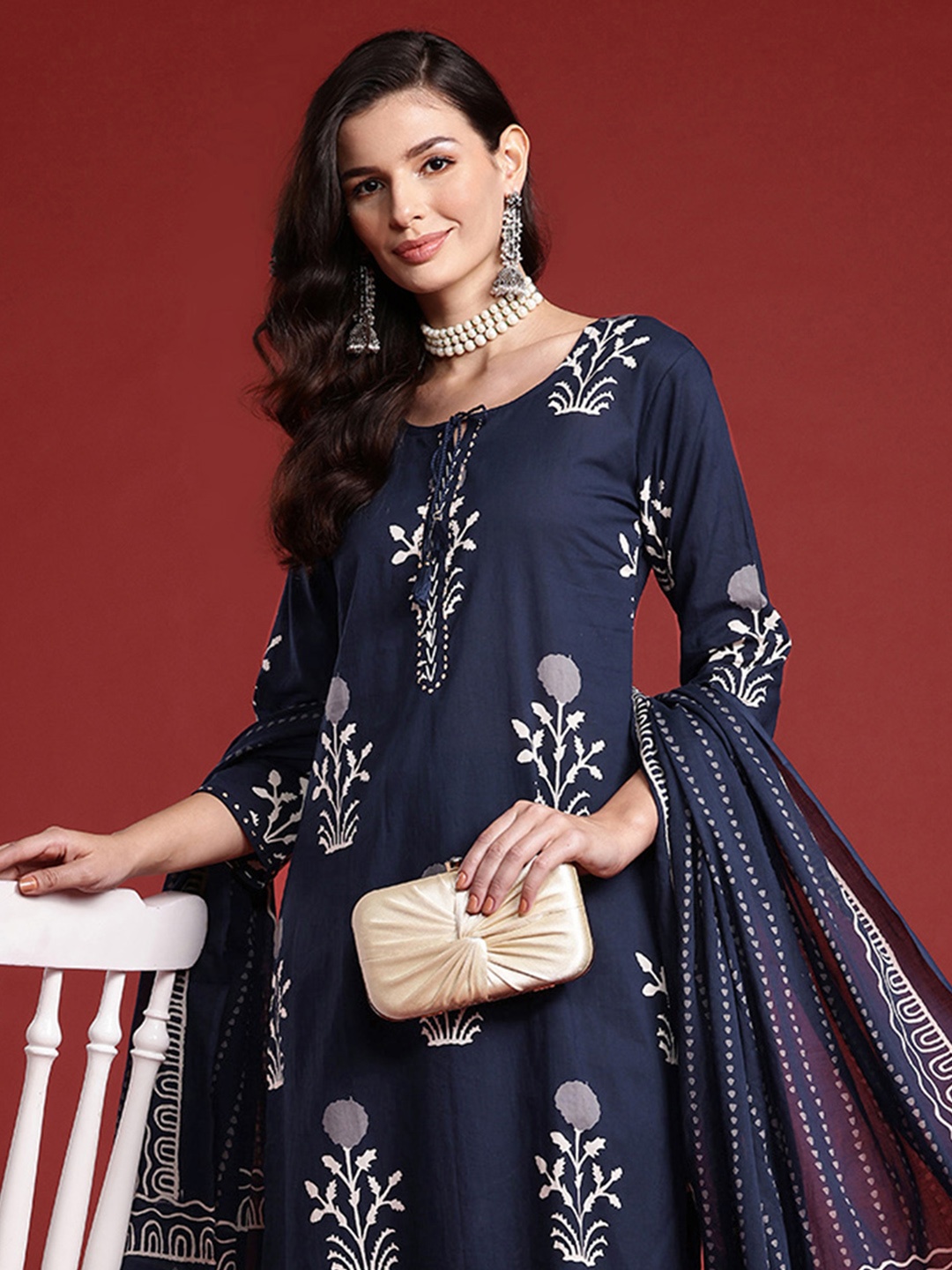 

Indo Era Floral Printed Sequinned Pure Cotton Kurta With Trousers & Dupatta, Navy blue