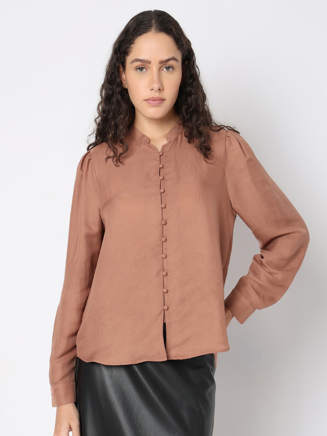 

Vero Moda Women Solid Mandarin Collar Top, Brown