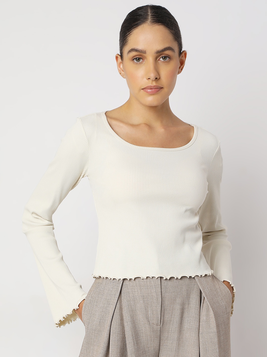

Vero Moda Women Solid Scoop Neck Cotton Top, Beige