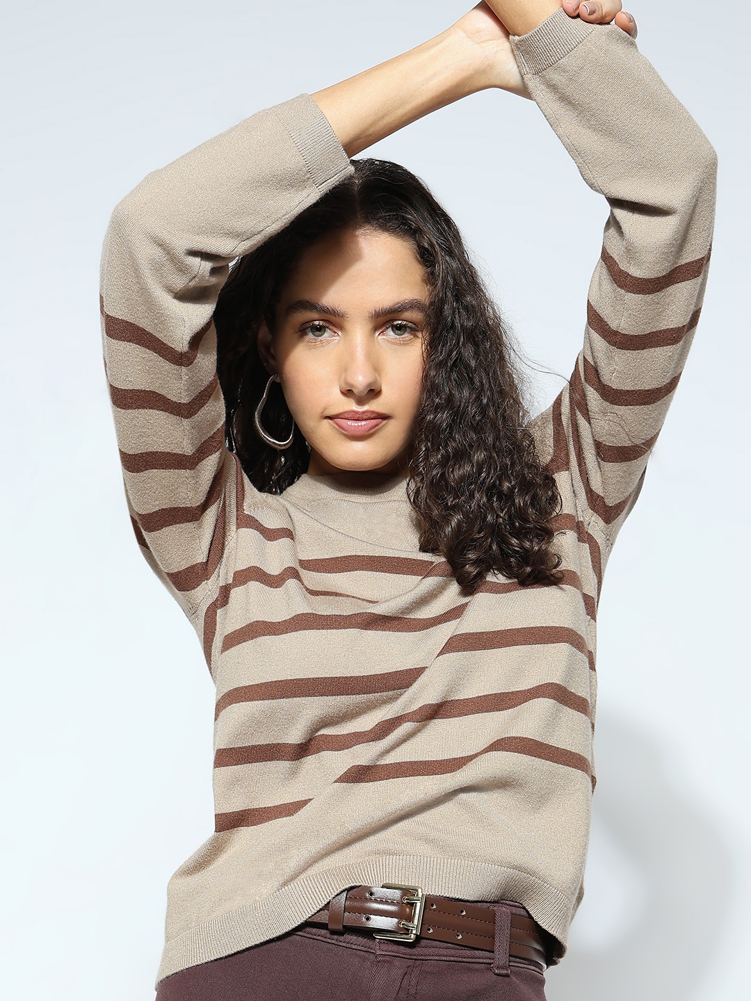 

Vero Moda Women Striped Round Neck Sweater, Beige