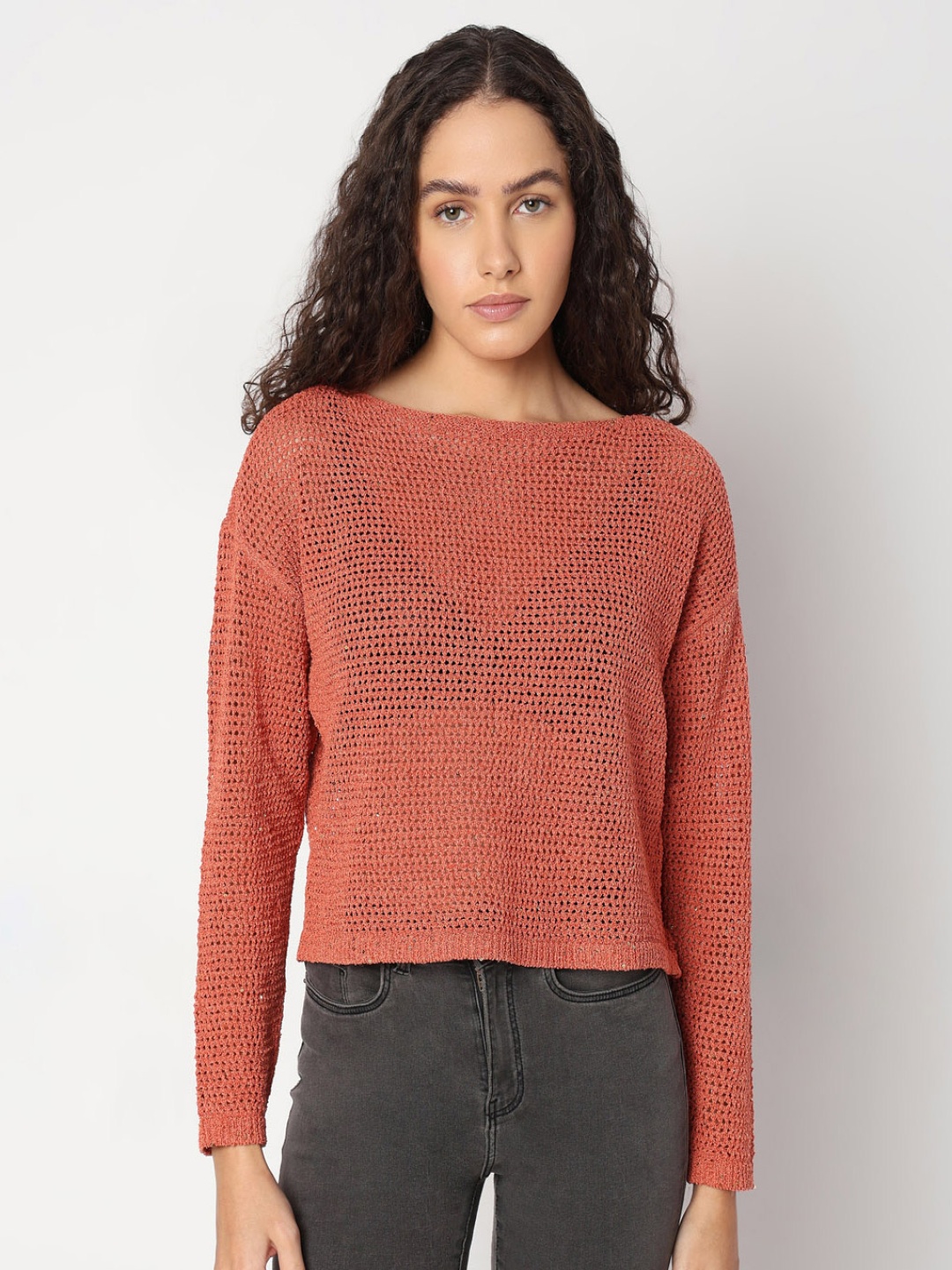 

Vero Moda Women Open Knit Boat Neck Sweater, Red