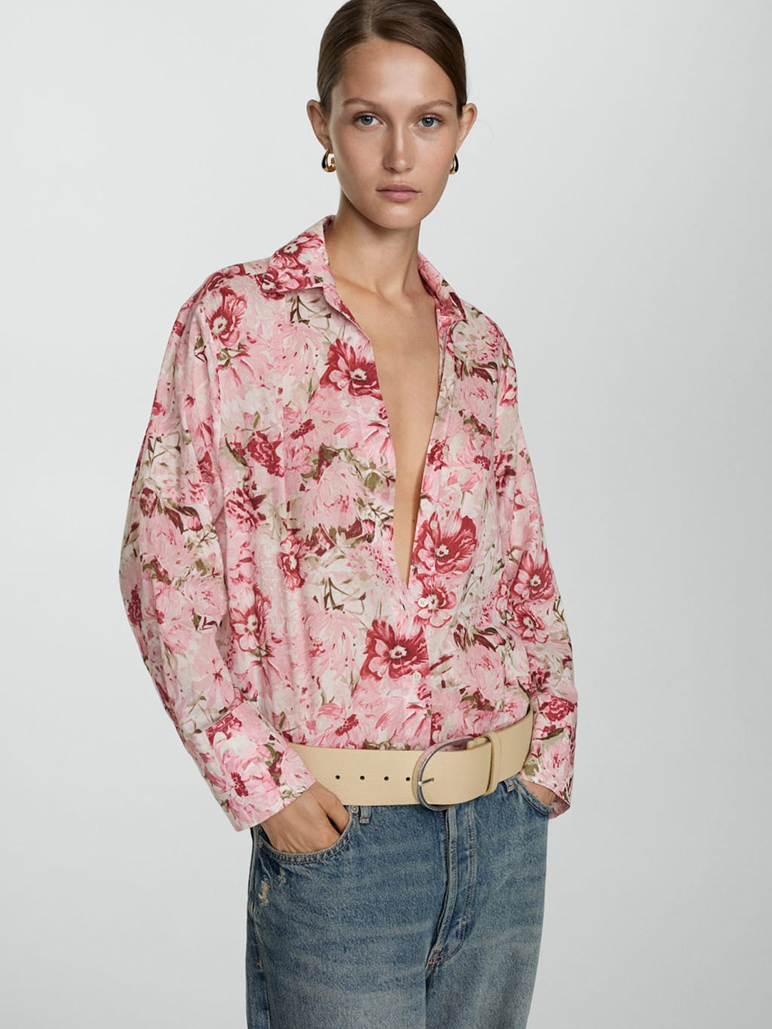 

MANGO Floral Print Pure Cotton Shirt, Pink