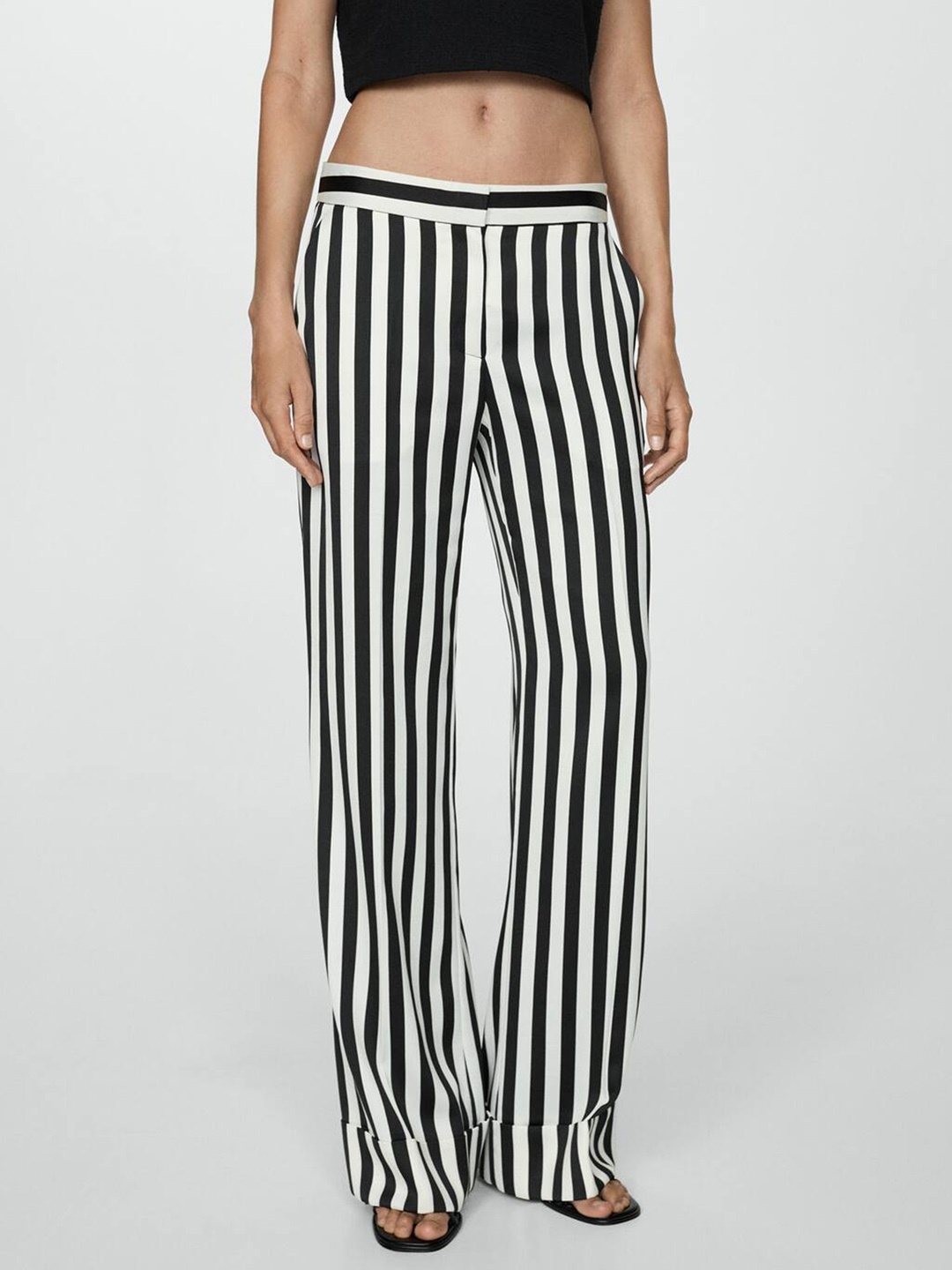 

MANGO Women Striped Straight Fit Trousers, White