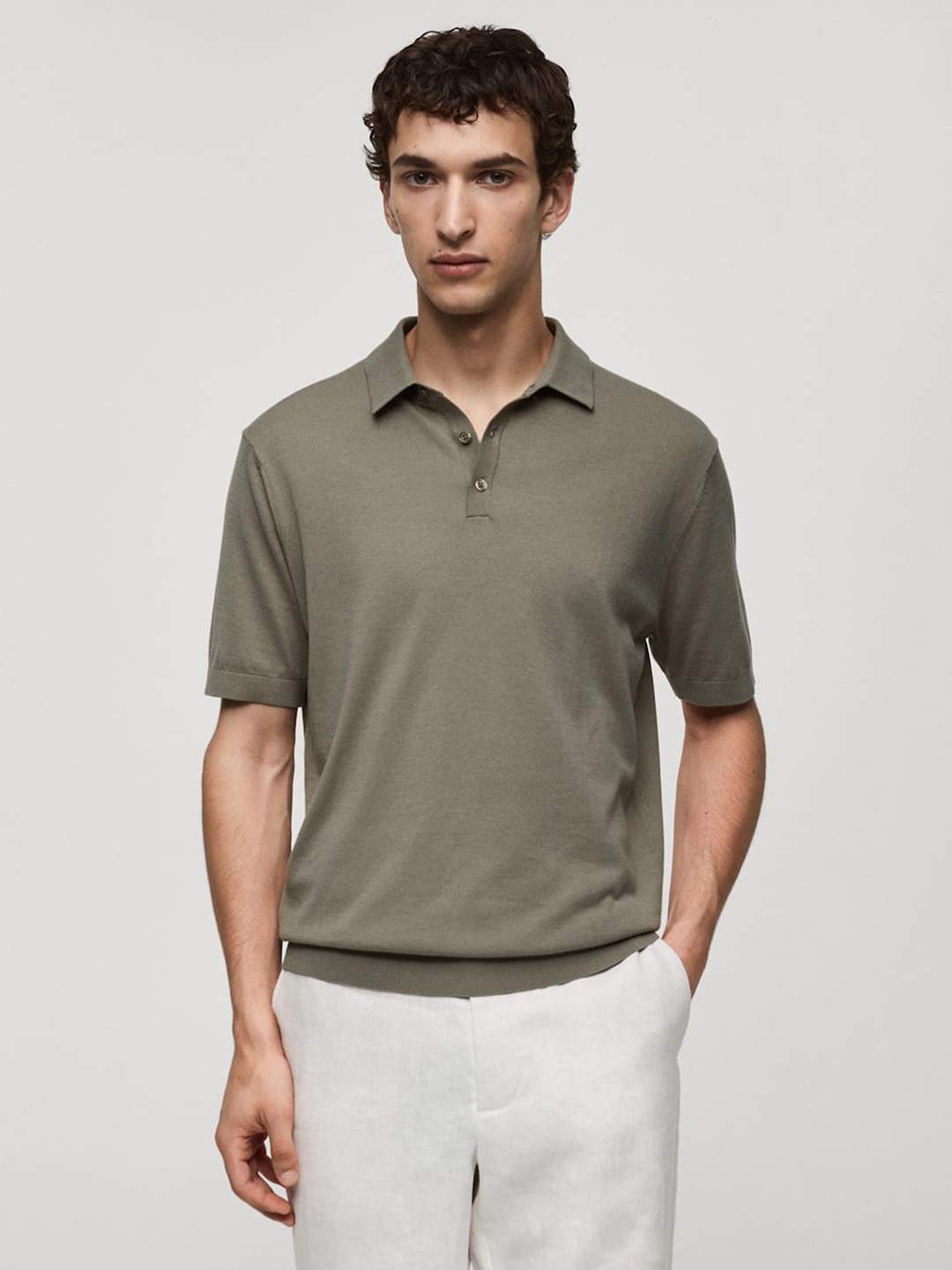 

MANGO MAN Fine Knit Polo Collar Pure Cotton T-shirt, Olive