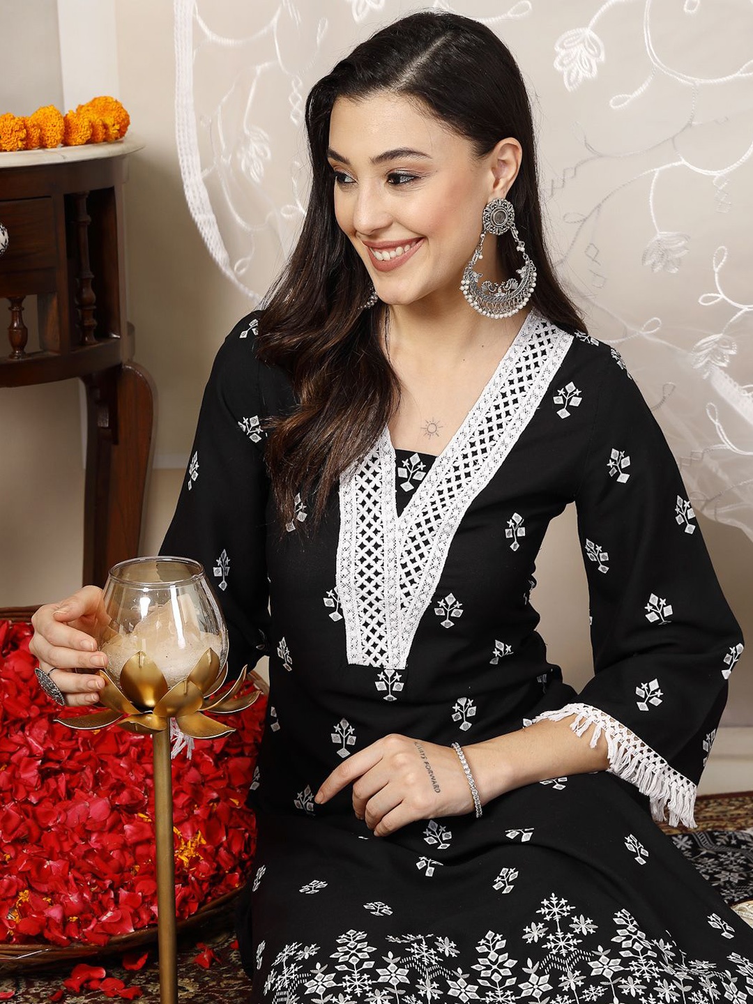 

Stylum Black& White Ethnic Motifs Printed Chikankari A Line Kurta & Palazzos With Dupatta