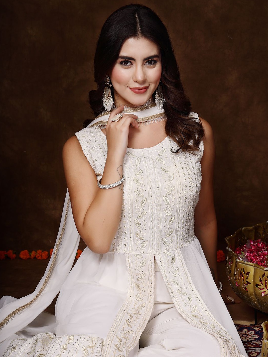 

Stylum White Floral Embroidered Panelled Sequinned Flared Kurta & Trousers With Dupatta