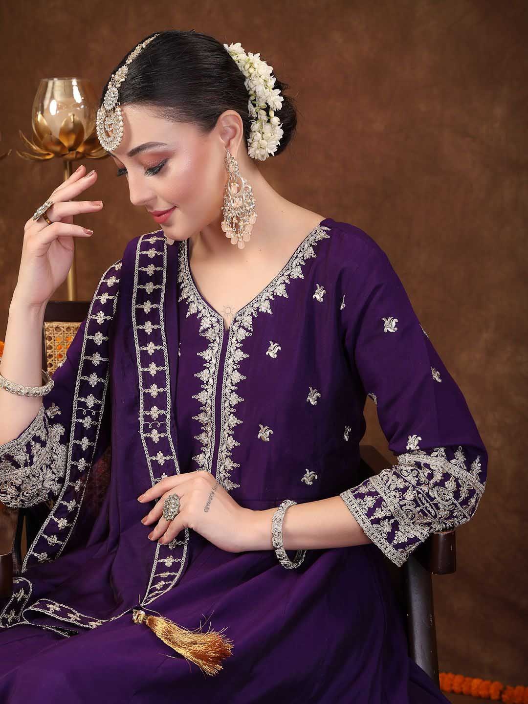 

Stylum Violet Ethnic Motifs Embroidered Anarkali Kurta with Trousers & With Dupatta