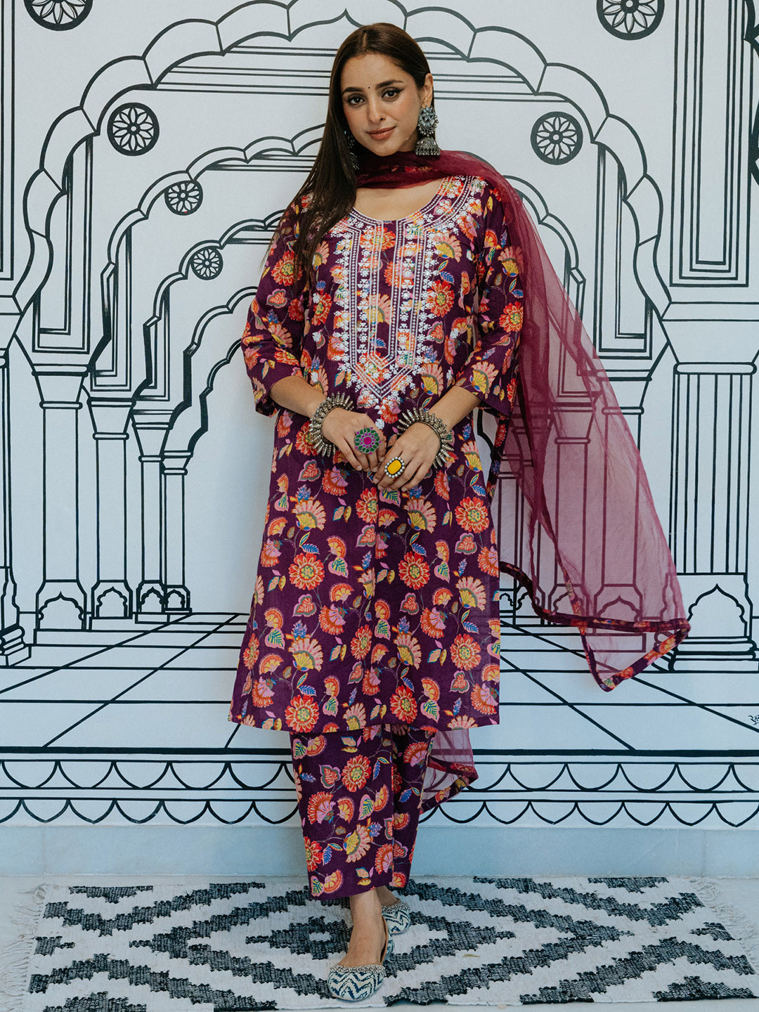 

GulaboJaipur Floral Printed Regular Thread Work A Line Kurta with Pyjamas & Dupatta, Purple