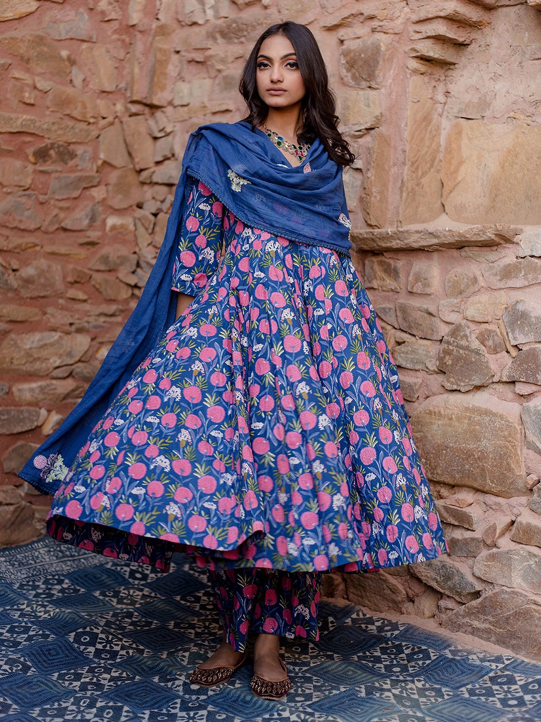 

GulaboJaipur Floral Printed Pure Cotton Anarkali Kurta With Pyjamas & Dupatta, Blue
