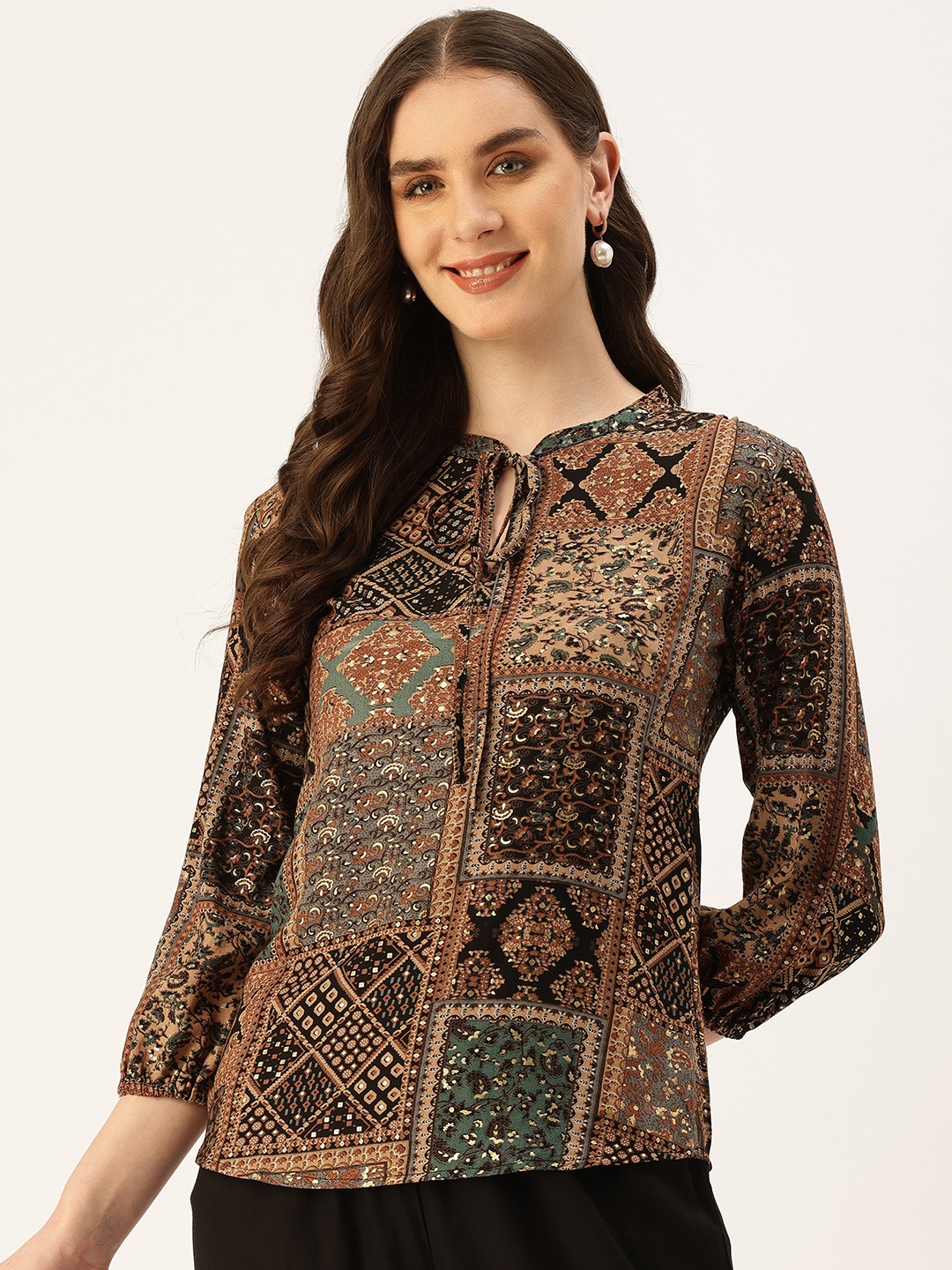 

AMUKTI Printed Tie-Up Neck Ethnic Tunic, Black