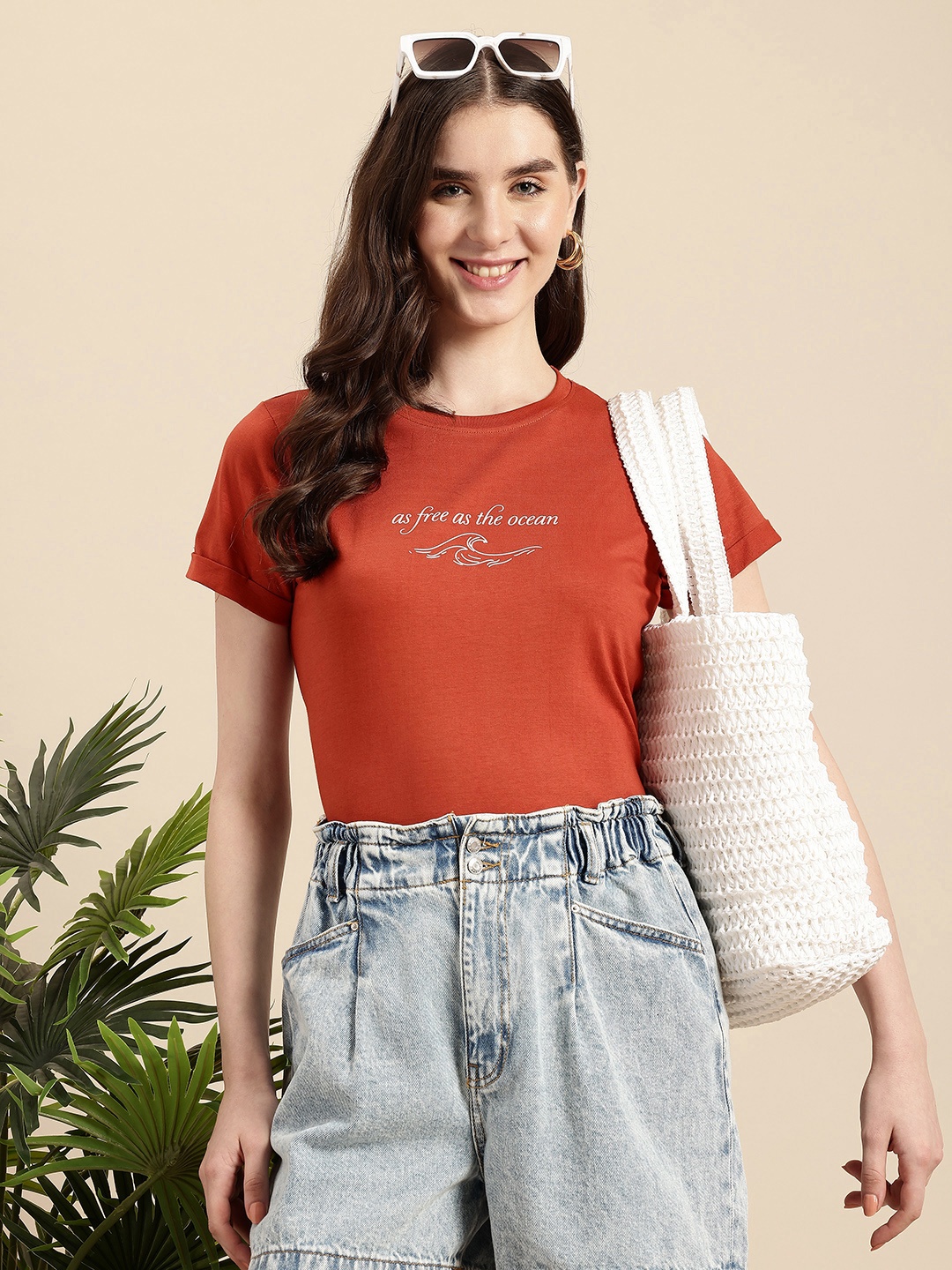 

Mast & Harbour Typography Printed Pure Cotton Bio Finish T-shirt, Rust