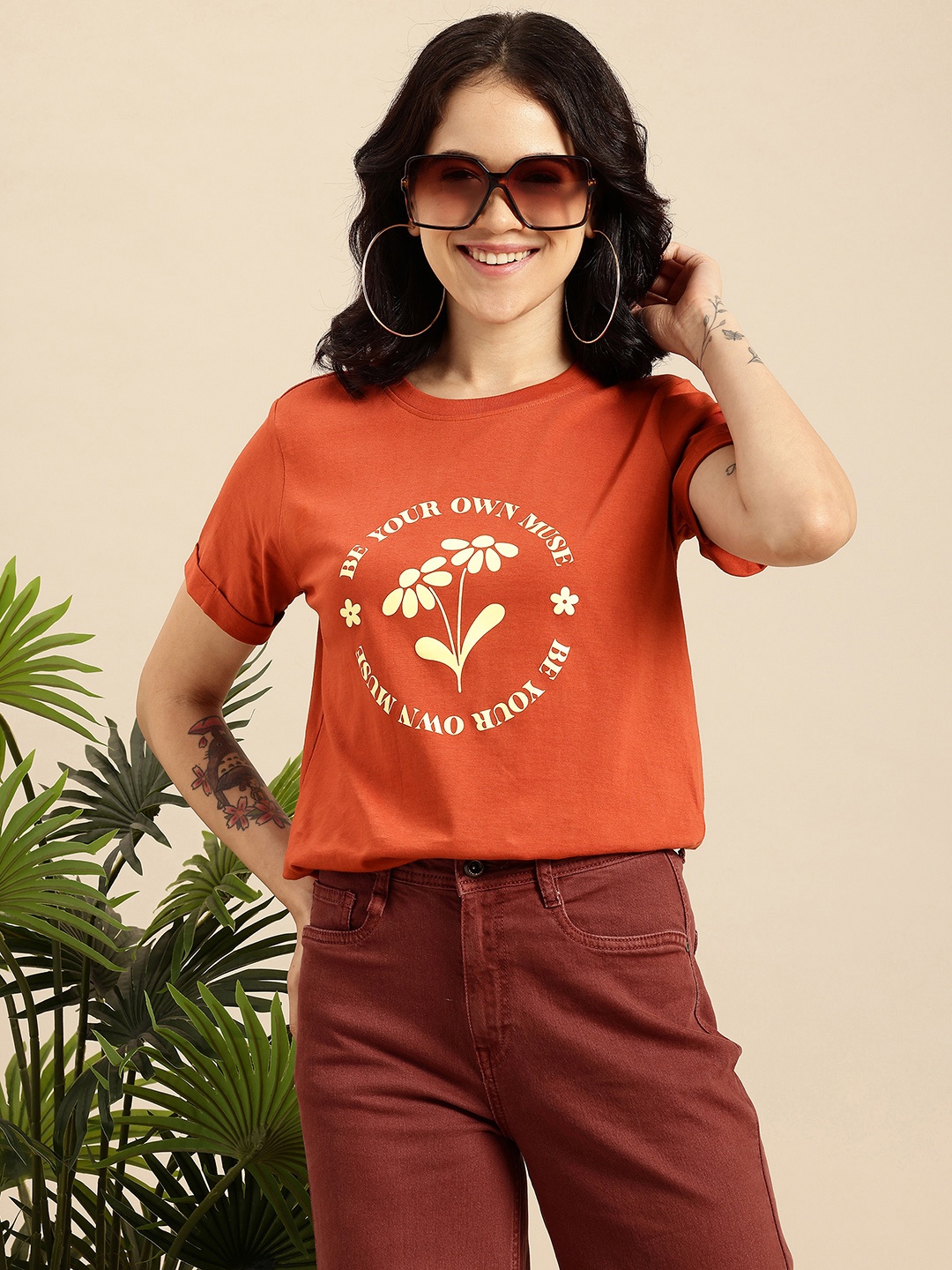 

Mast & Harbour Typography Printed Pure Cotton Bio Finish T-shirt, Rust