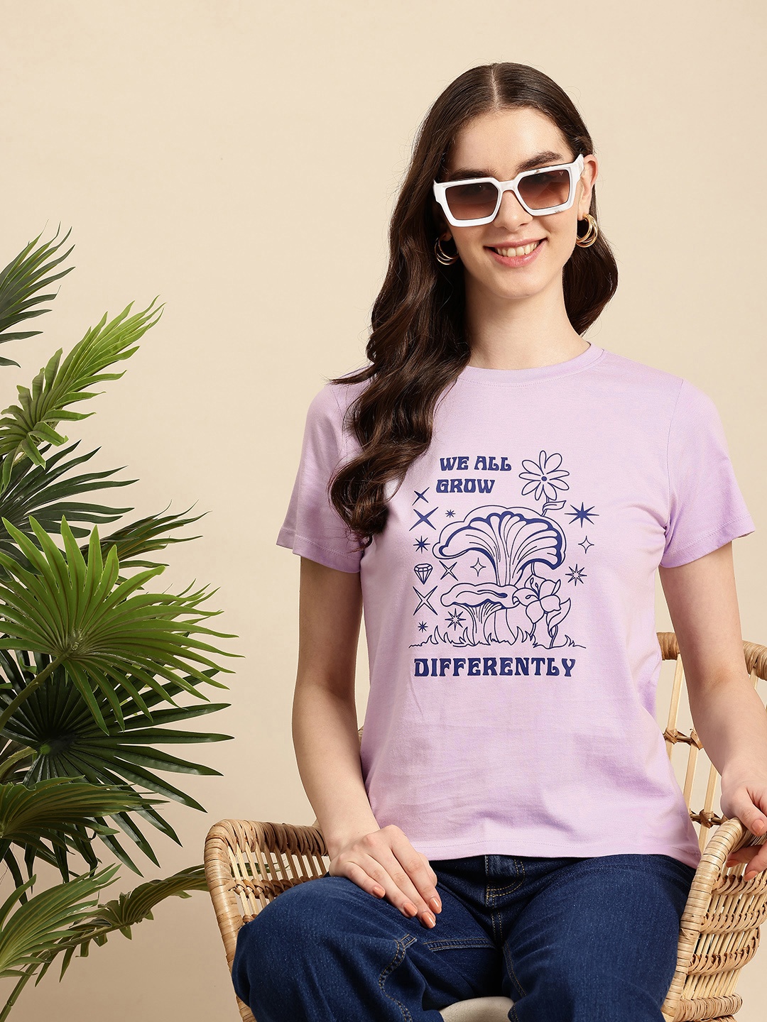 

Mast & Harbour Typography Printed Pure Cotton Bio Finish T-shirt, Purple