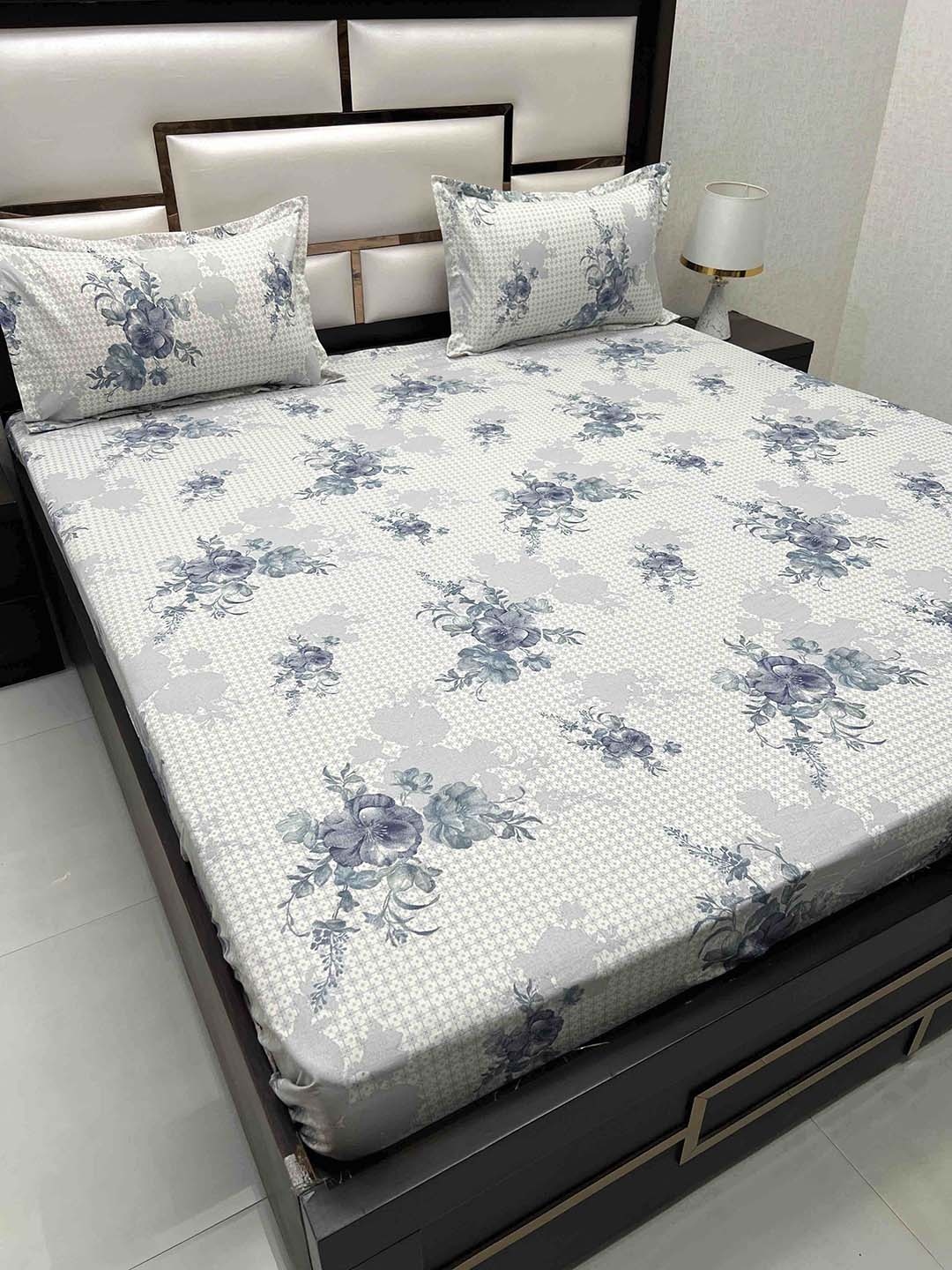 

Pure Decor Blue & White Floral Cotton 350 TC King Bedsheet with 2 Pillow Covers